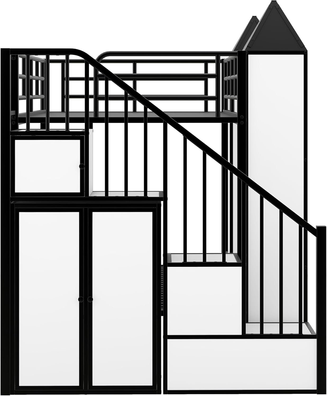 Twin Over Twin Metal Bunk Bed With Stairs And Storage Wardrobe Black And White