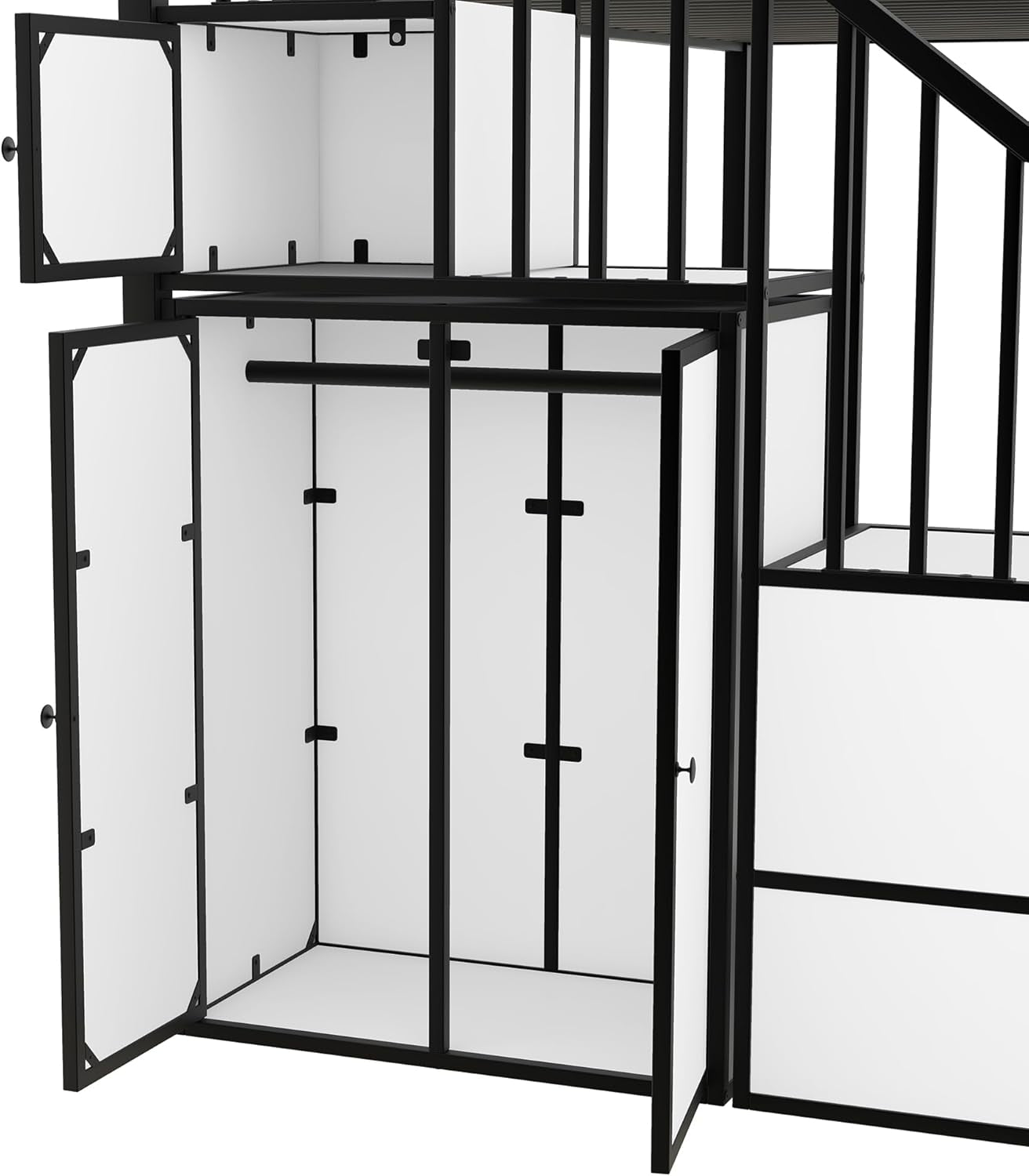 Twin Over Twin Metal Bunk Bed With Stairs And Storage Wardrobe Black And White