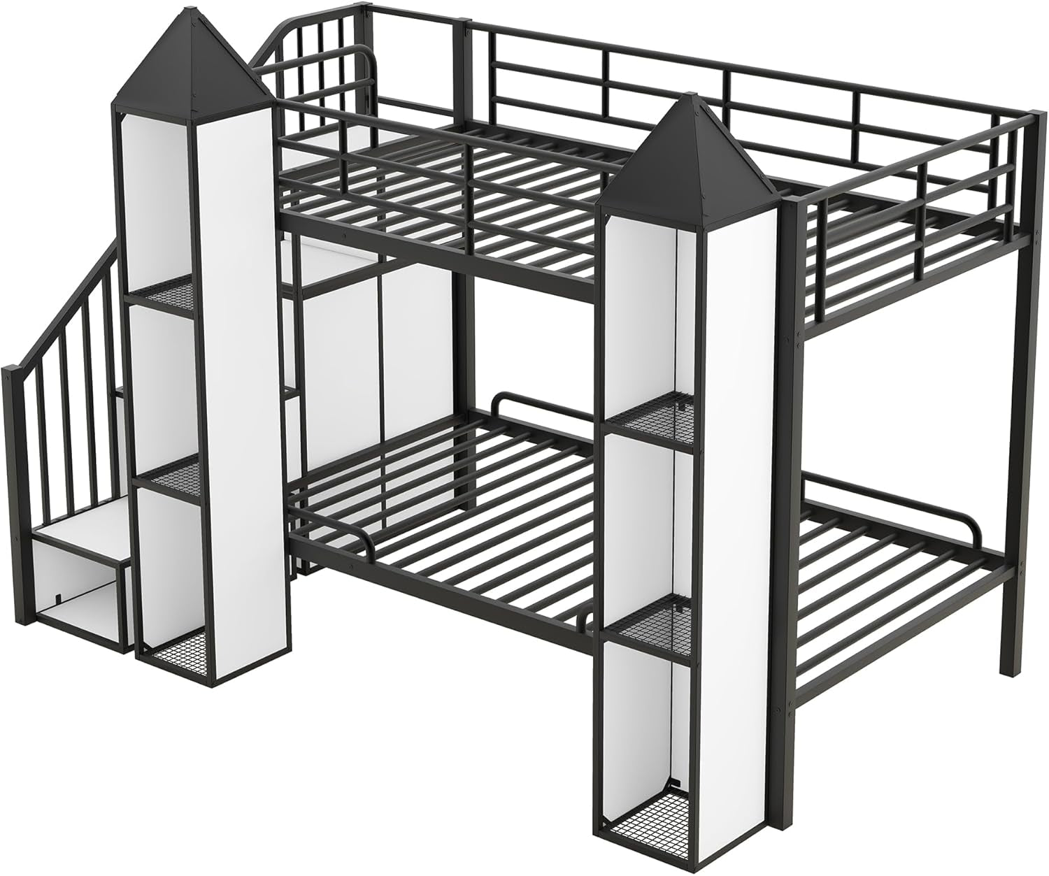 Twin Over Twin Metal Bunk Bed With Stairs And Storage Wardrobe Black And White