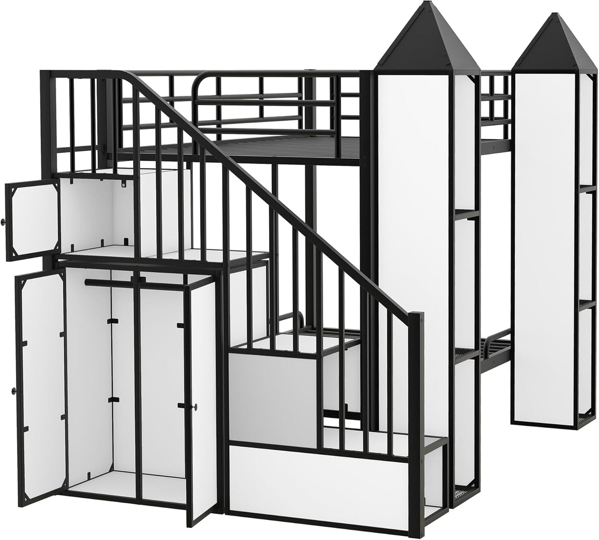 Twin Over Twin Metal Bunk Bed With Stairs And Storage Wardrobe Black And White