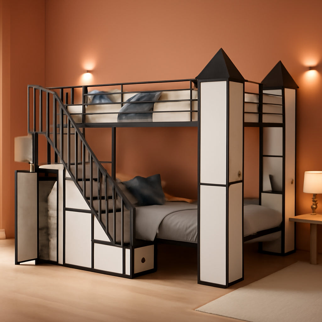 Twin Over Twin Metal Bunk Bed With Stairs And Storage Wardrobe Black And White