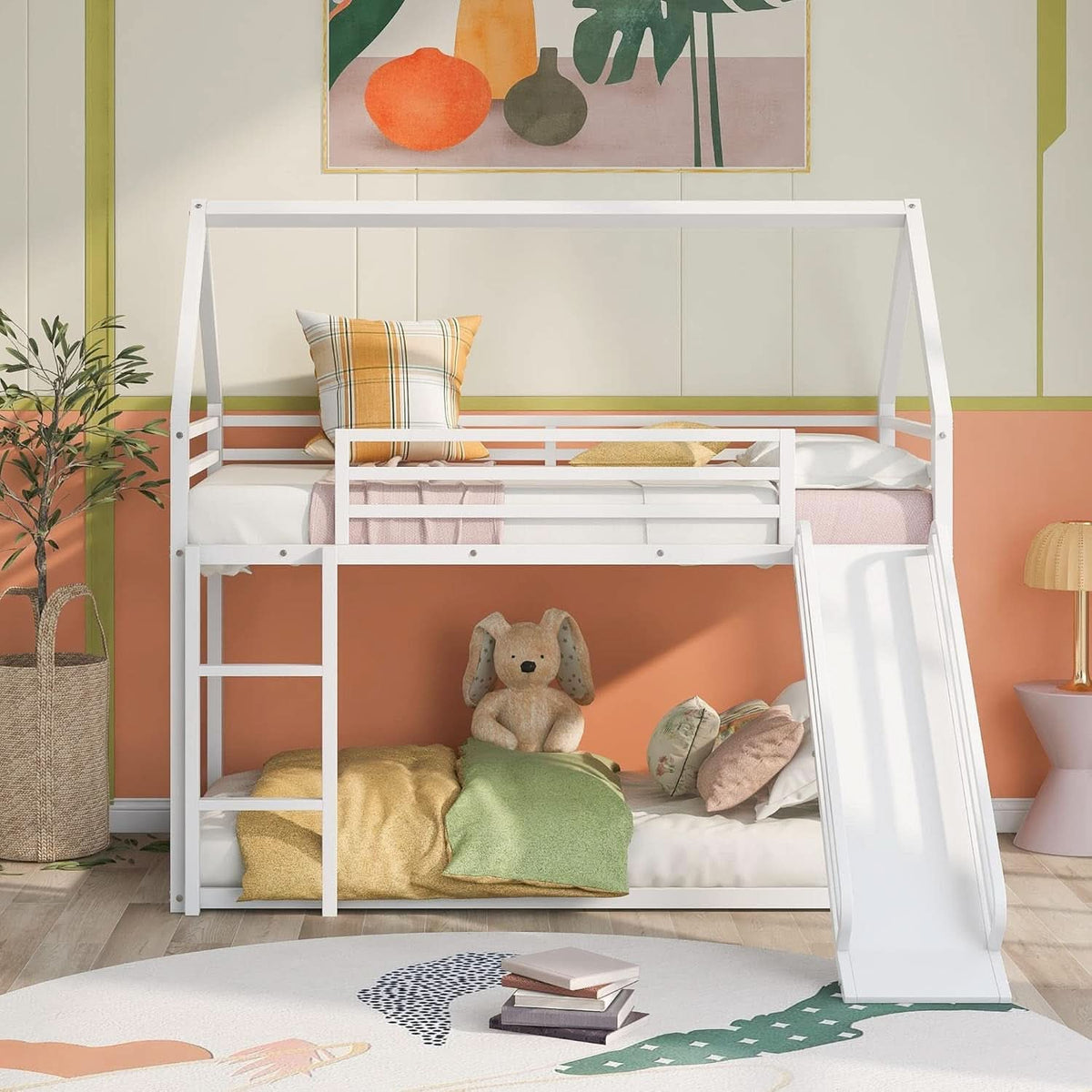 Twin Over Twin Metal Floor Bunk Bed With Slide Playhouse