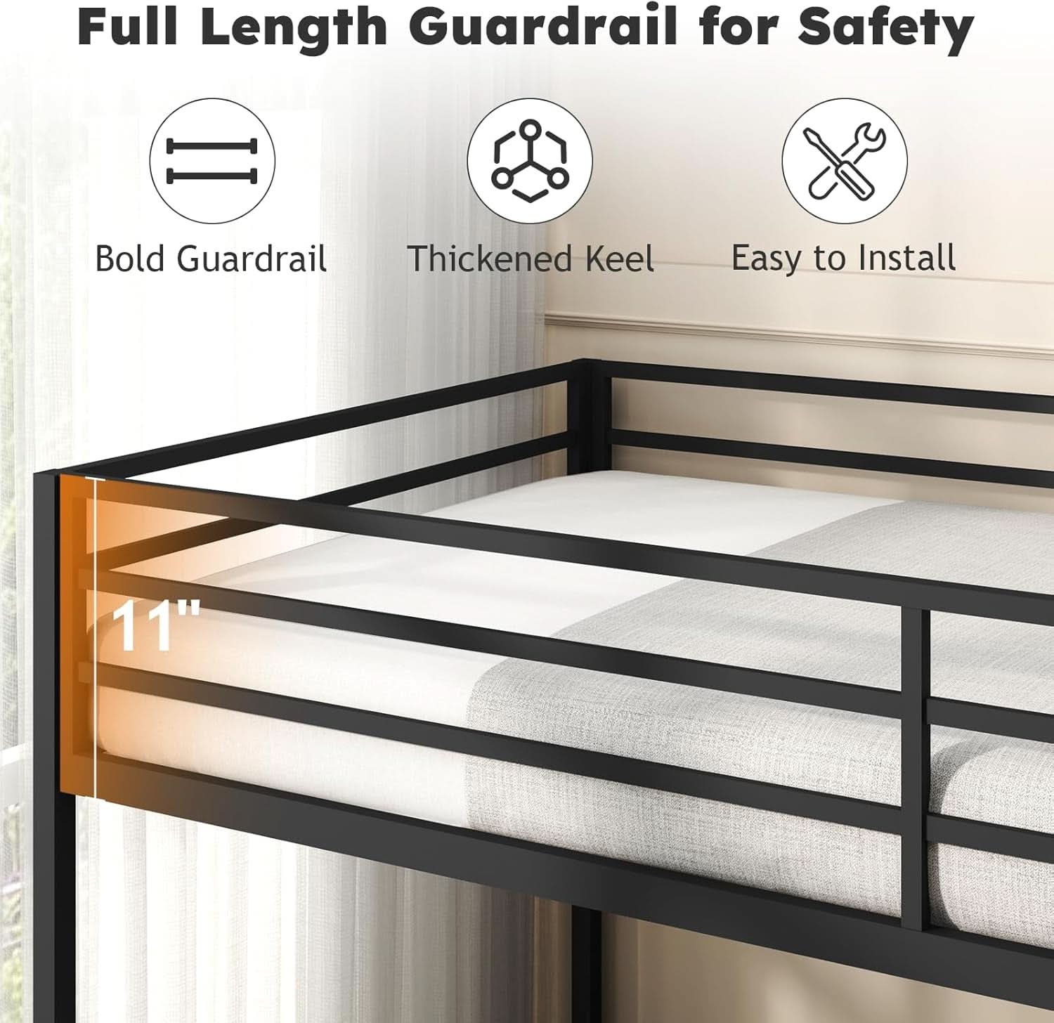 Twin Over Twin Metal Low Profile Bunk Bed With Guardrails And Ladder Black