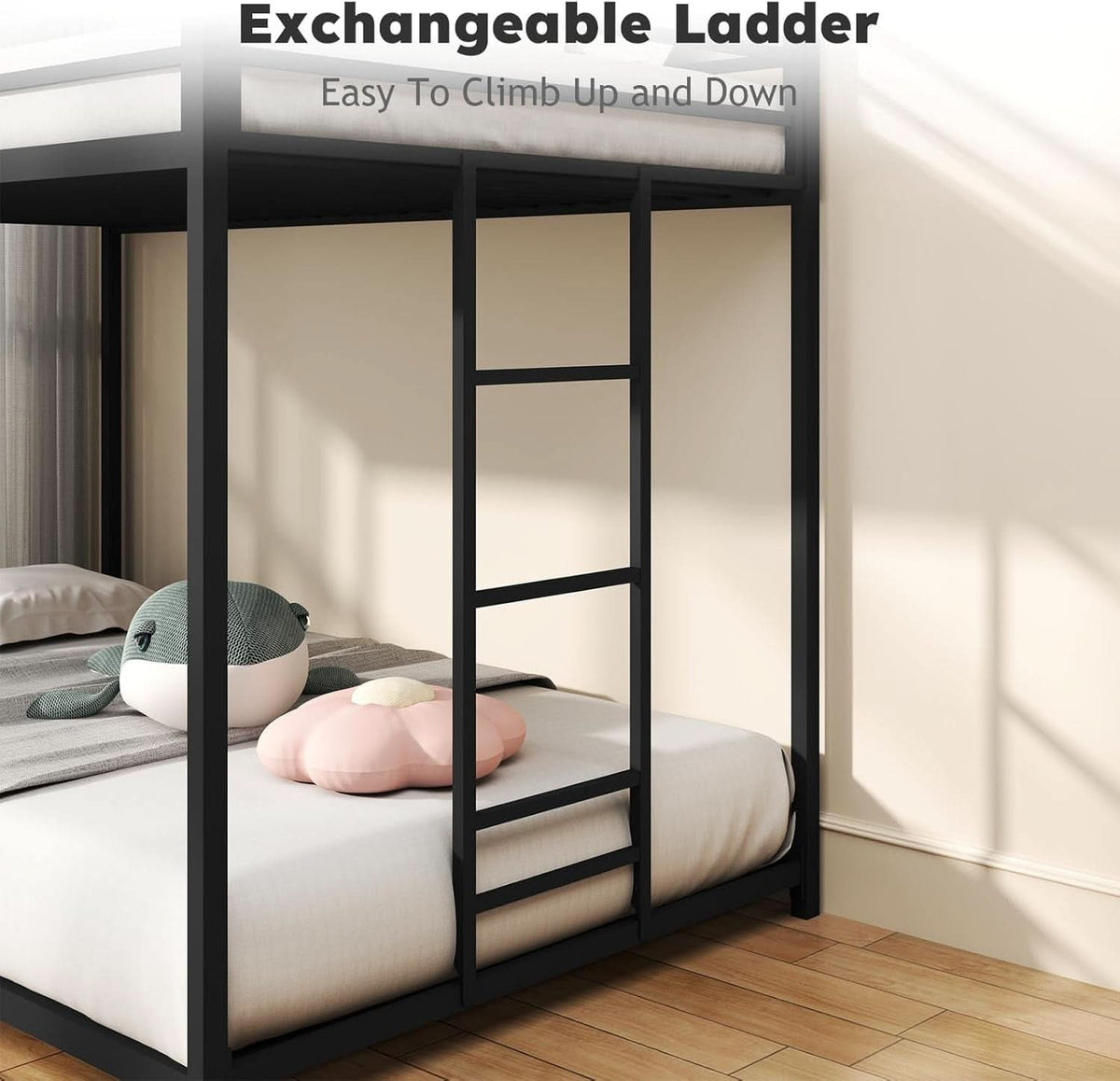 Twin Over Twin Metal Low Profile Bunk Bed With Guardrails And Ladder Black