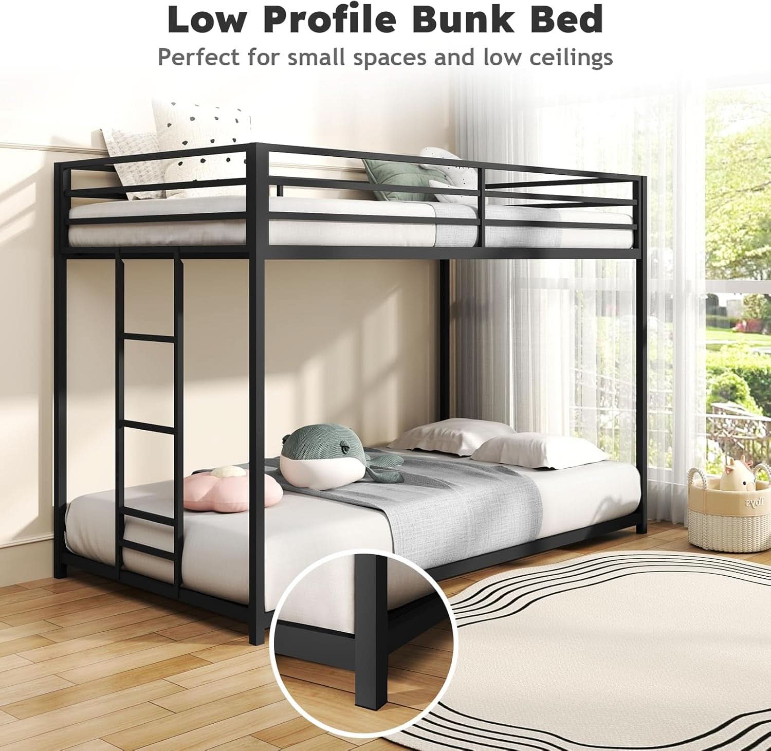 Twin Over Twin Metal Low Profile Bunk Bed With Guardrails And Ladder Black
