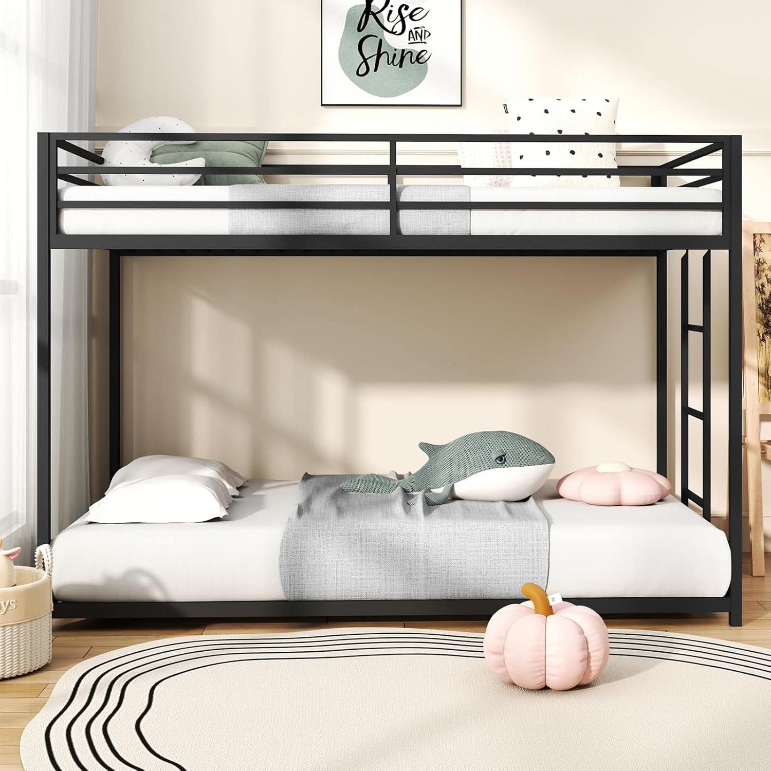 Twin Over Twin Metal Low Profile Bunk Bed With Guardrails And Ladder Black