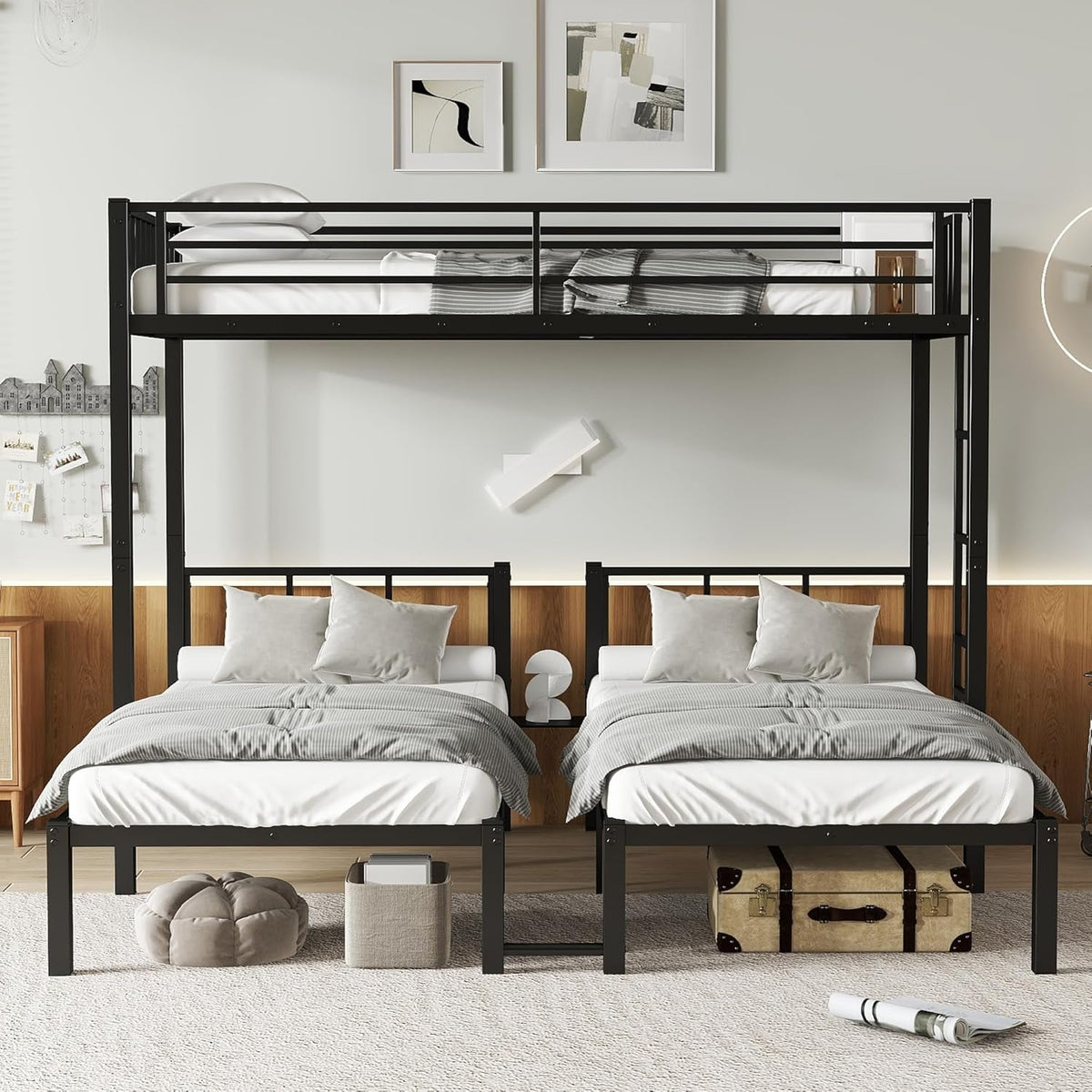 Twin Over Twin Over Twin Bunk Bed For 3 Kids Black