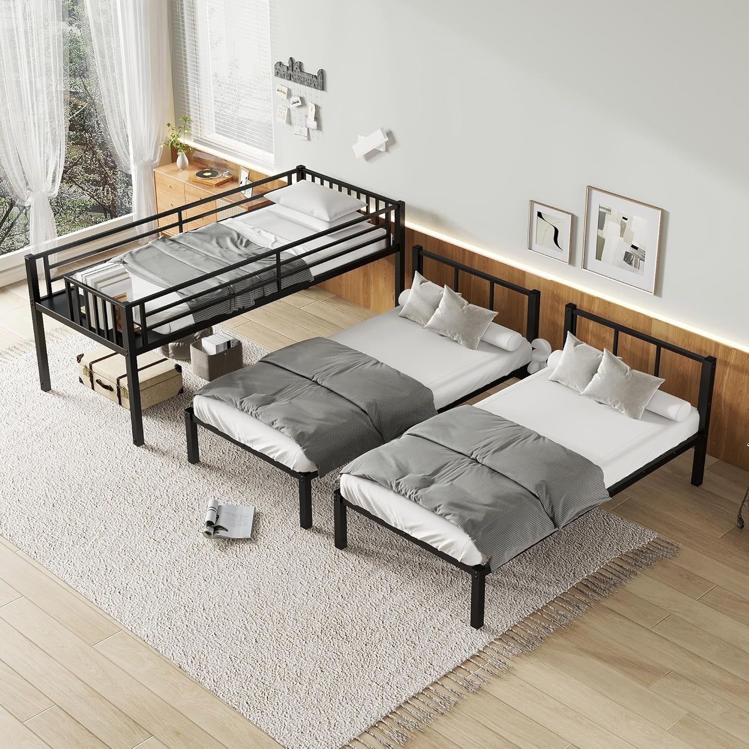 Twin Over Twin Over Twin Bunk Bed For 3 Kids Black