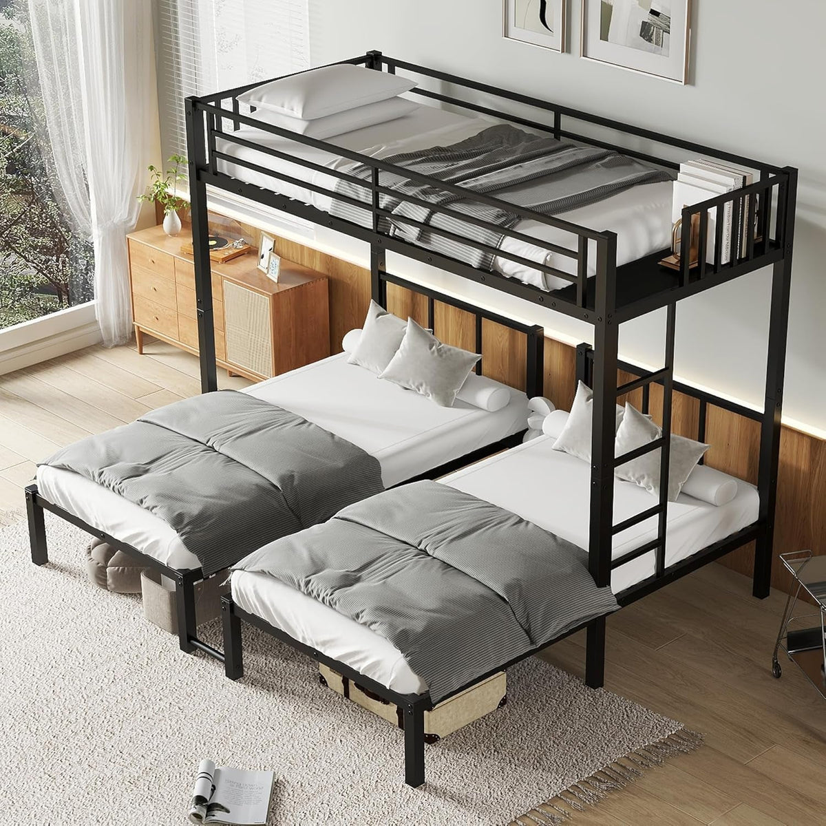 Twin Over Twin Over Twin Bunk Bed For 3 Kids Black