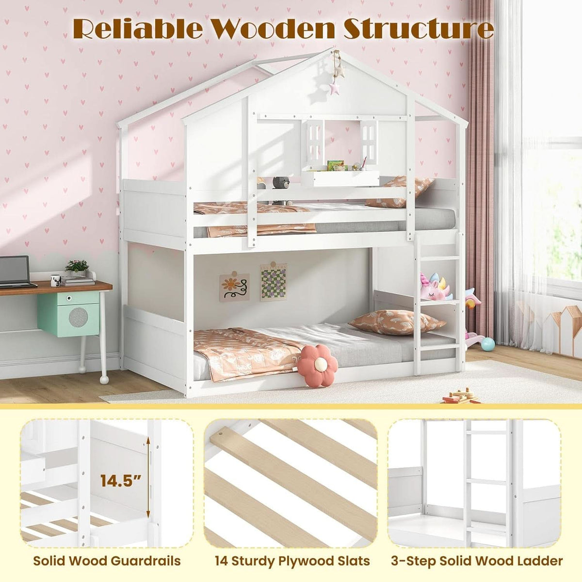 Twin Over Twin White Wood House Bunk Bed For Kids Room