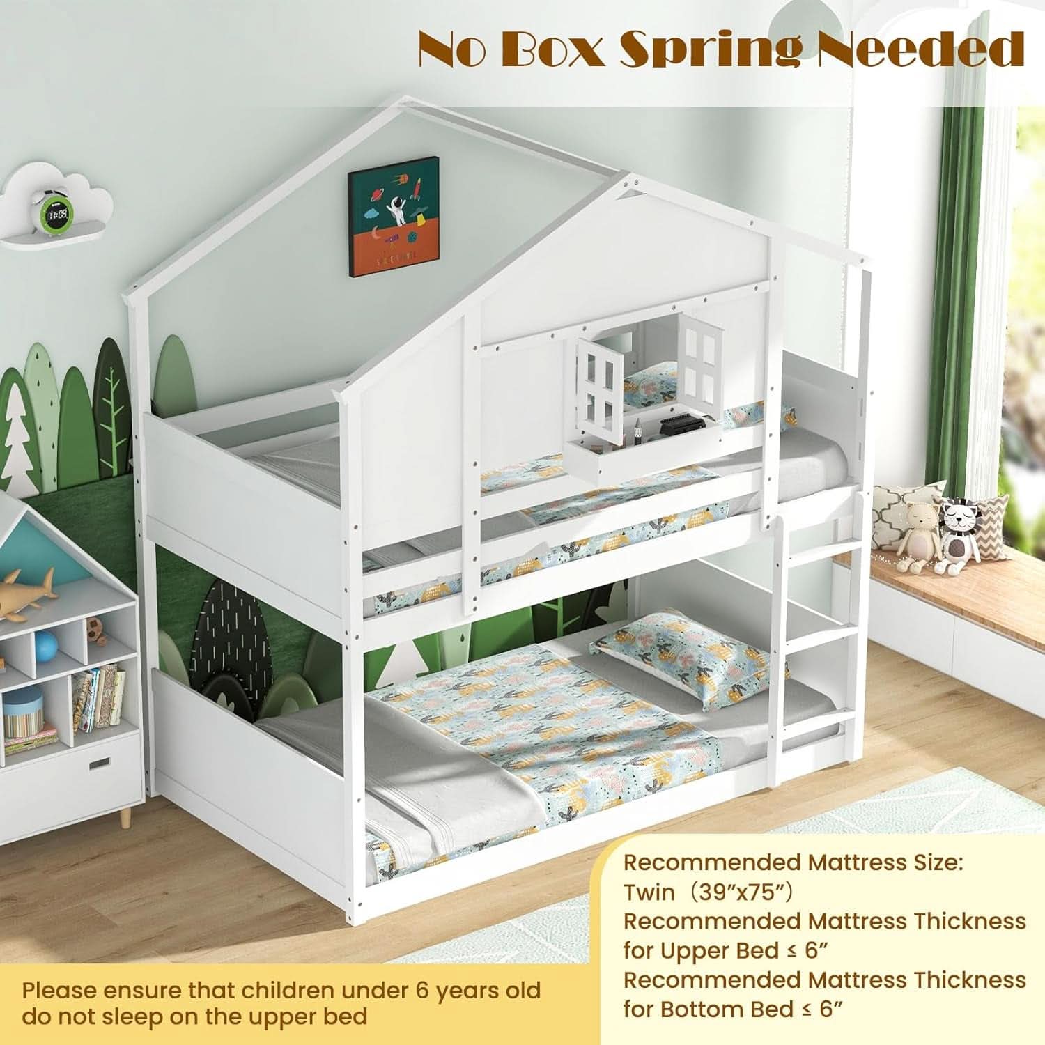 Twin Over Twin White Wood House Bunk Bed For Kids Room