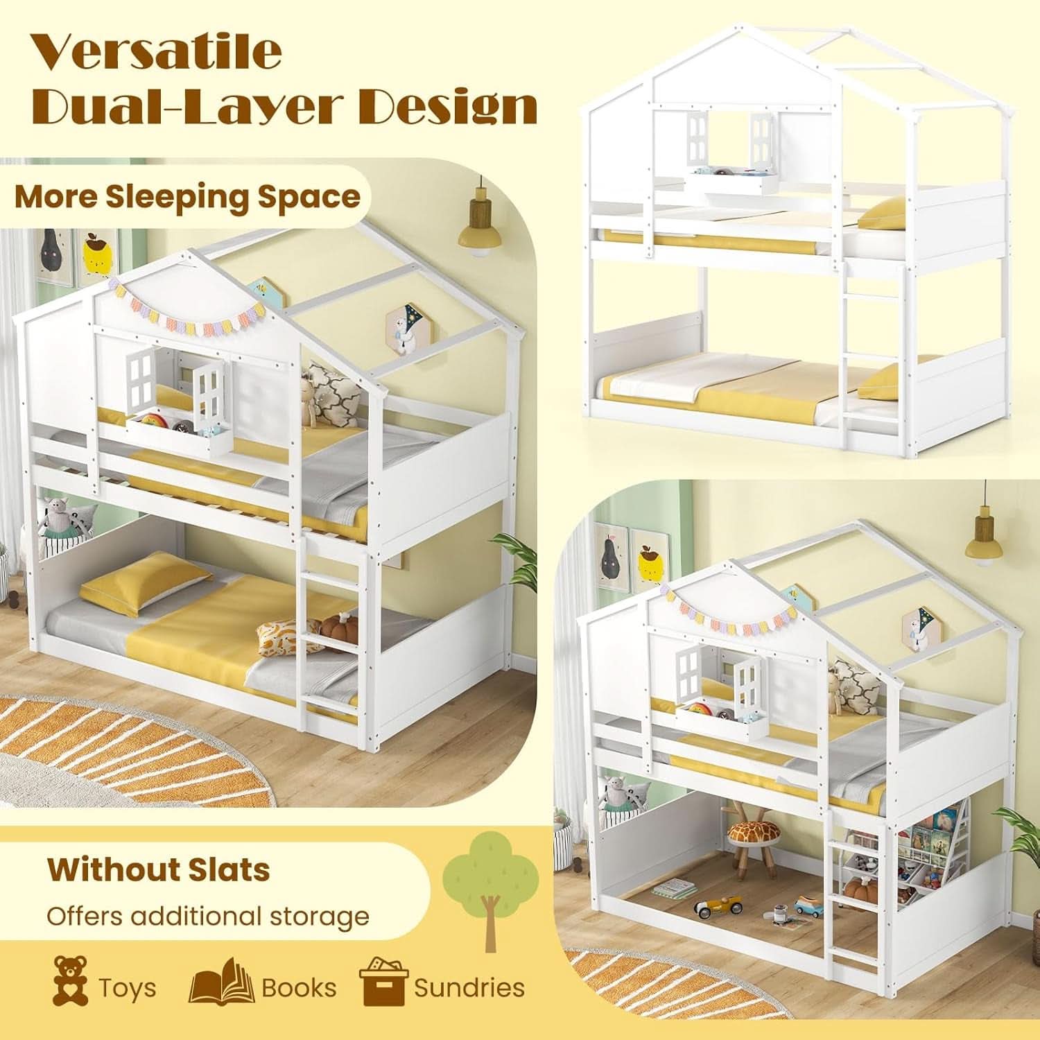 Twin Over Twin White Wood House Bunk Bed For Kids Room