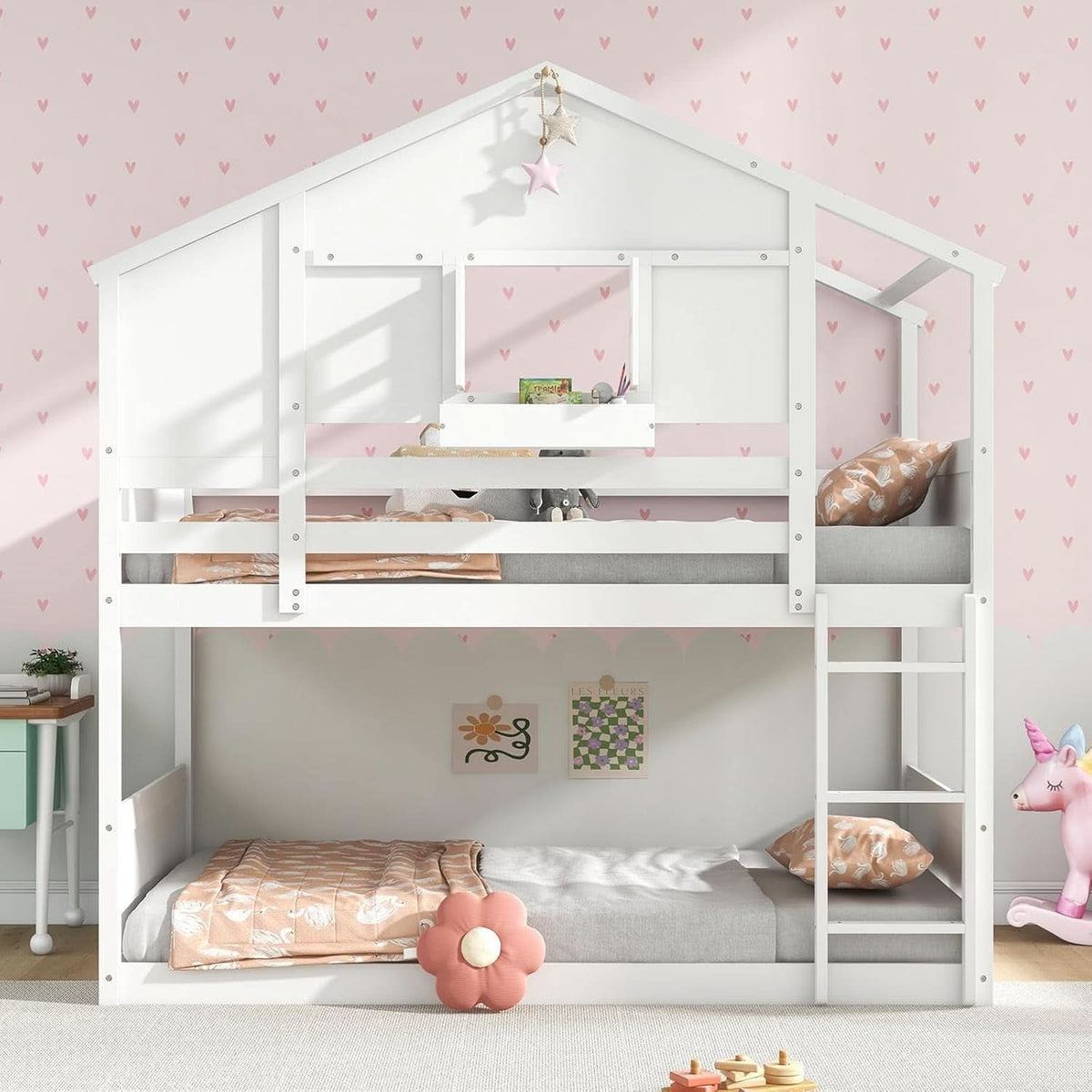 Twin Over Twin White Wood House Bunk Bed For Kids Room