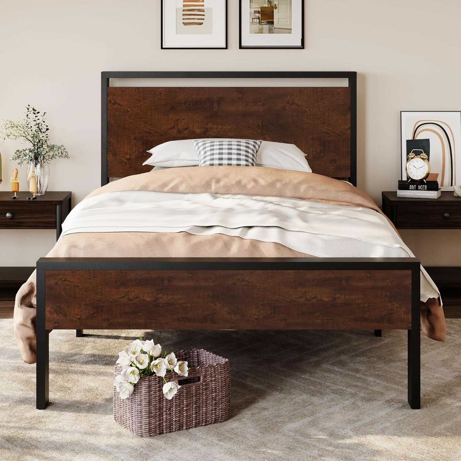 Twin Platform Bed Frame With Under Bed Storage Industrial Style