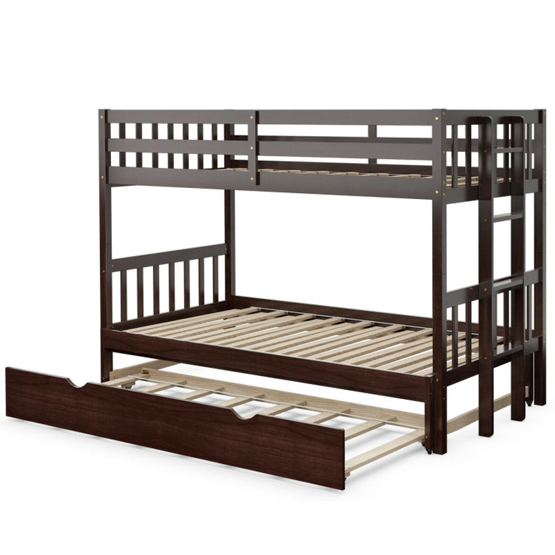 Twin Pull Out Bunk Bed With Trundle And Wooden Ladder