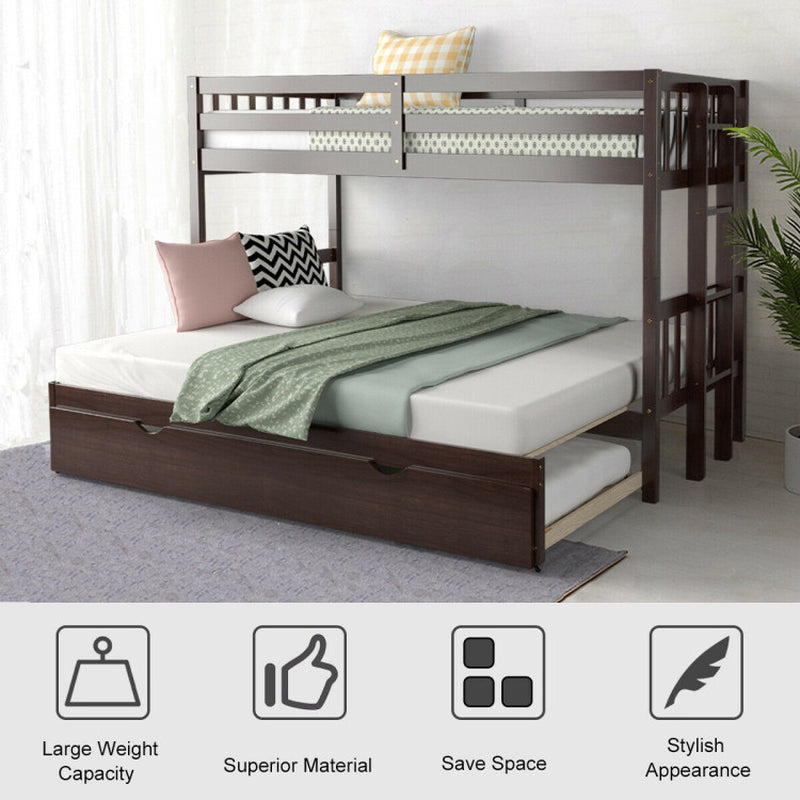 Twin Pull Out Bunk Bed With Trundle And Wooden Ladder