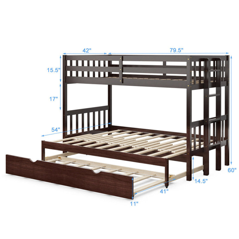 Twin Pull Out Bunk Bed With Trundle And Wooden Ladder