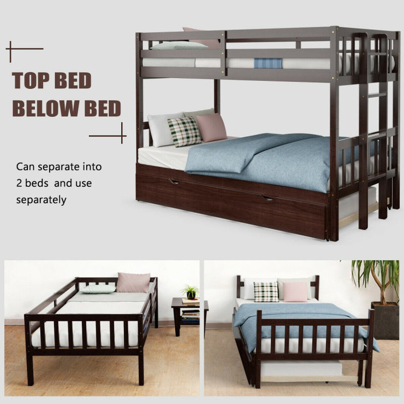 Twin Pull Out Bunk Bed With Trundle And Wooden Ladder