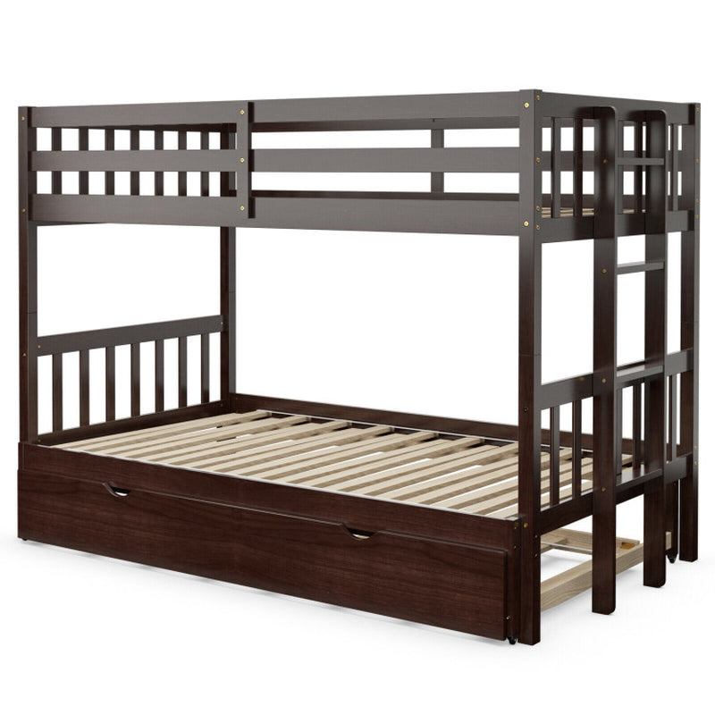 Twin Pull Out Bunk Bed With Trundle And Wooden Ladder
