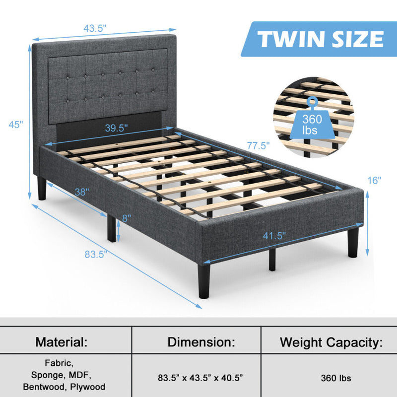 Twin Size Bed Frame Button Tufted Headboard Modern