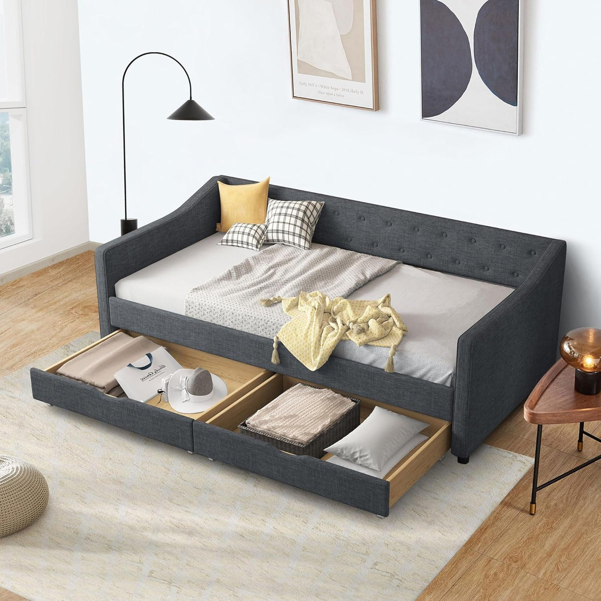 Twin Size Daybed In Dark Grey Linen With Two Drawers