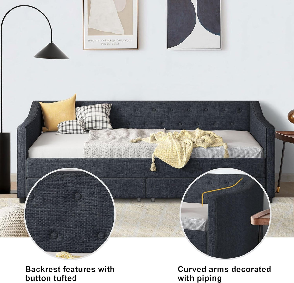 Twin Size Daybed In Dark Grey Linen With Two Drawers