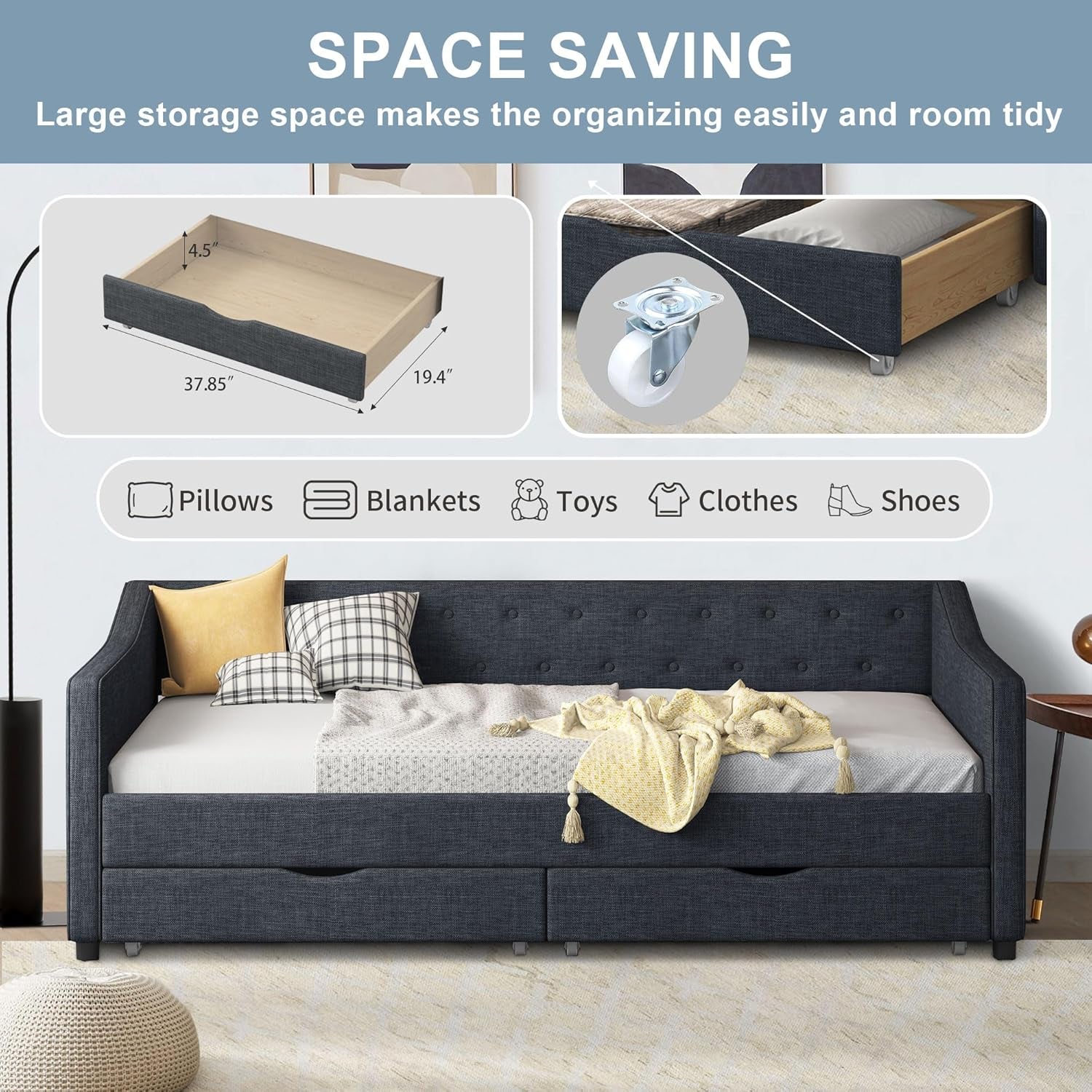 Twin Size Daybed In Dark Grey Linen With Two Drawers