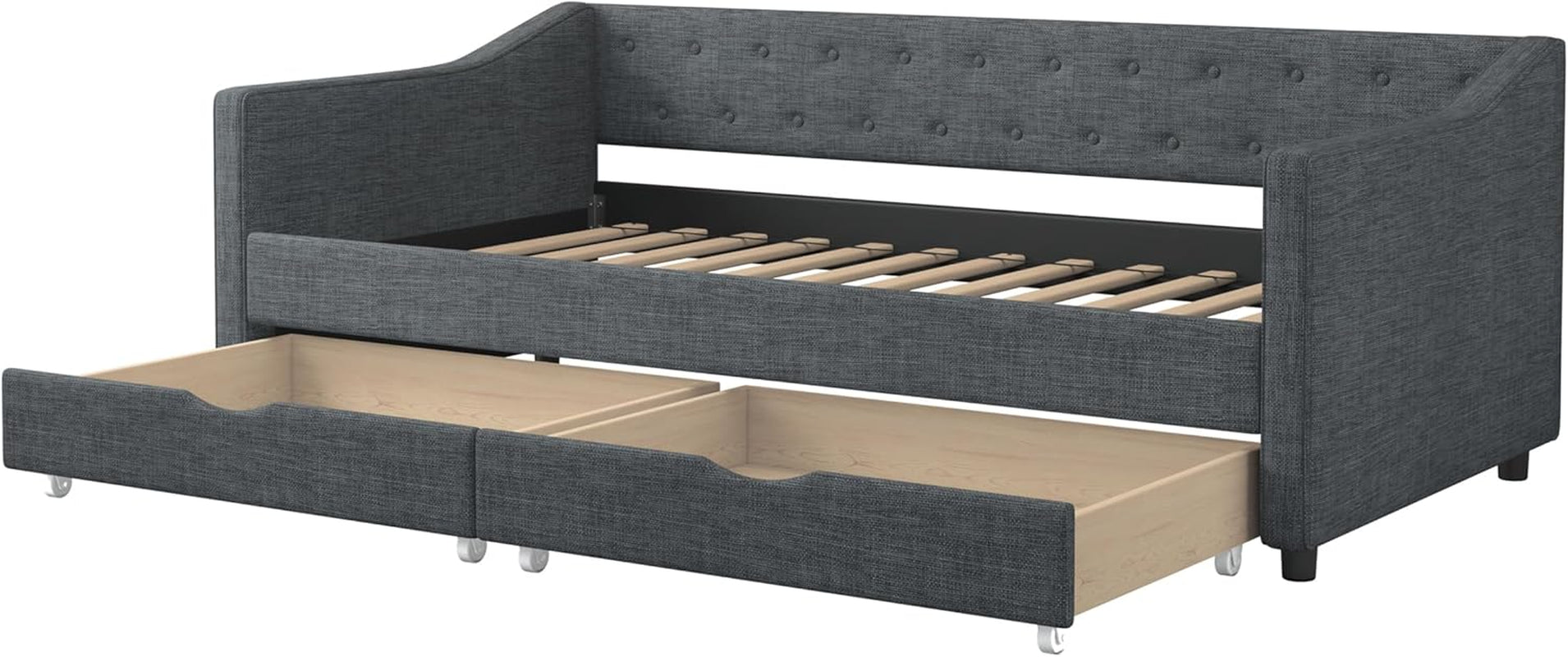 Twin Size Daybed In Dark Grey Linen With Two Drawers