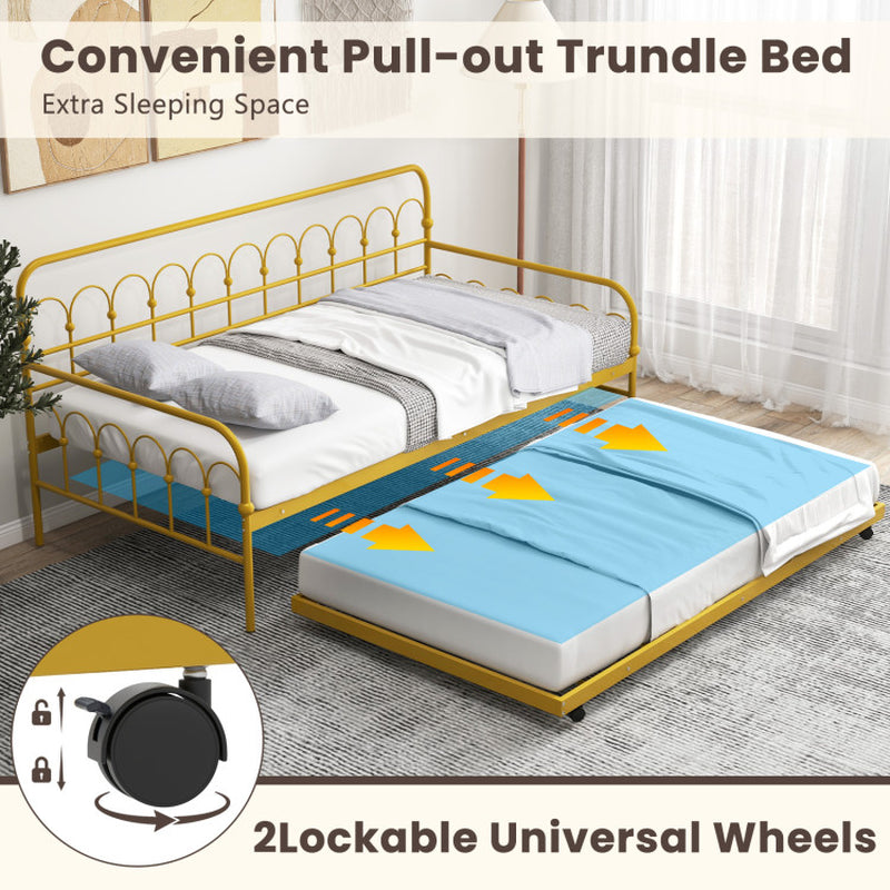 Twin Size Golden Daybed With Trundle And Lockable Wheels