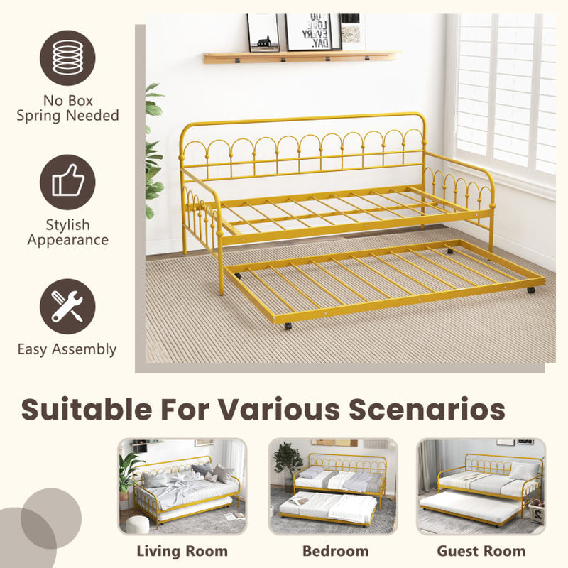 Twin Size Golden Daybed With Trundle And Lockable Wheels