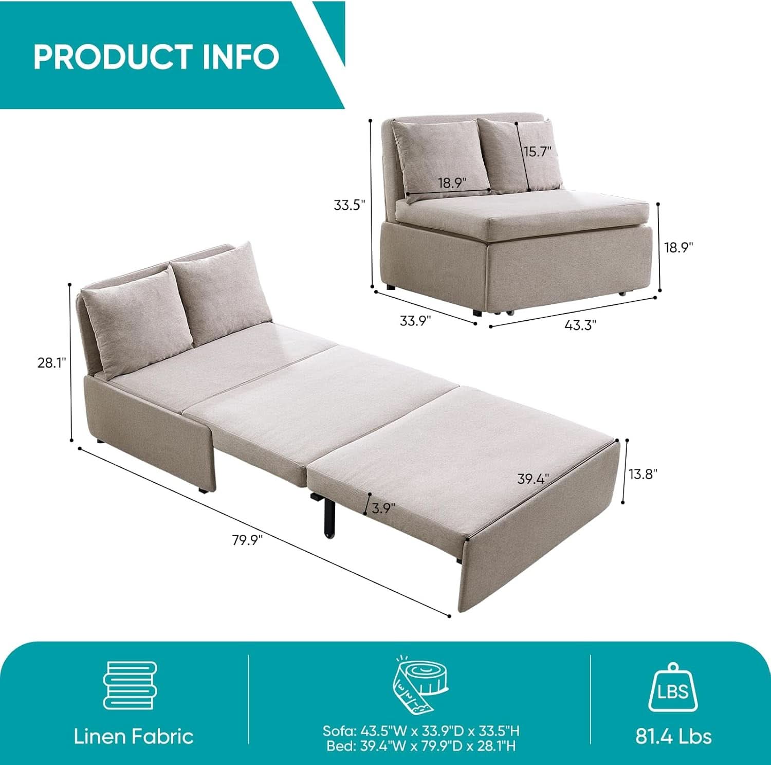 Twin Size Premium Convertible Sofa Bed Sleeper Beige