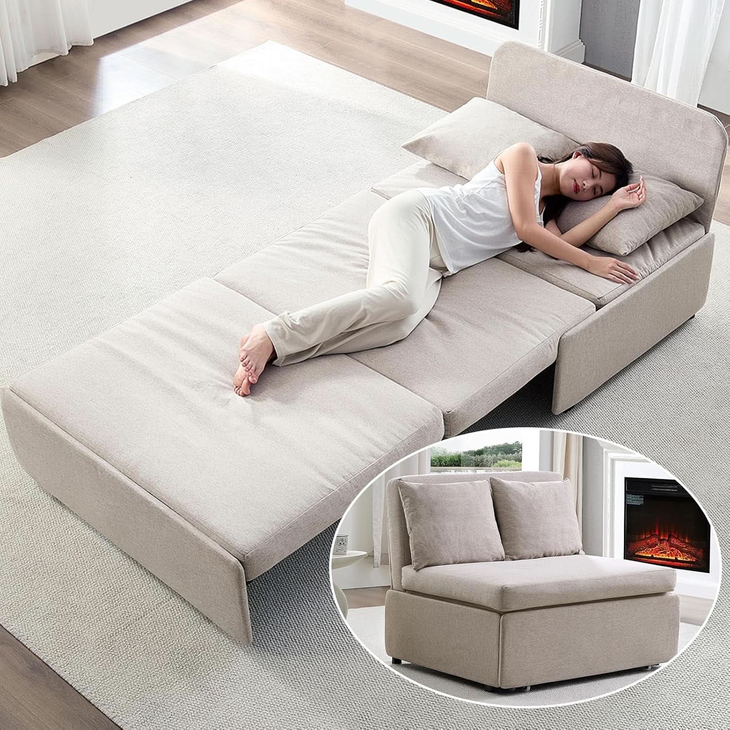 Twin Size Premium Convertible Sofa Bed Sleeper Beige