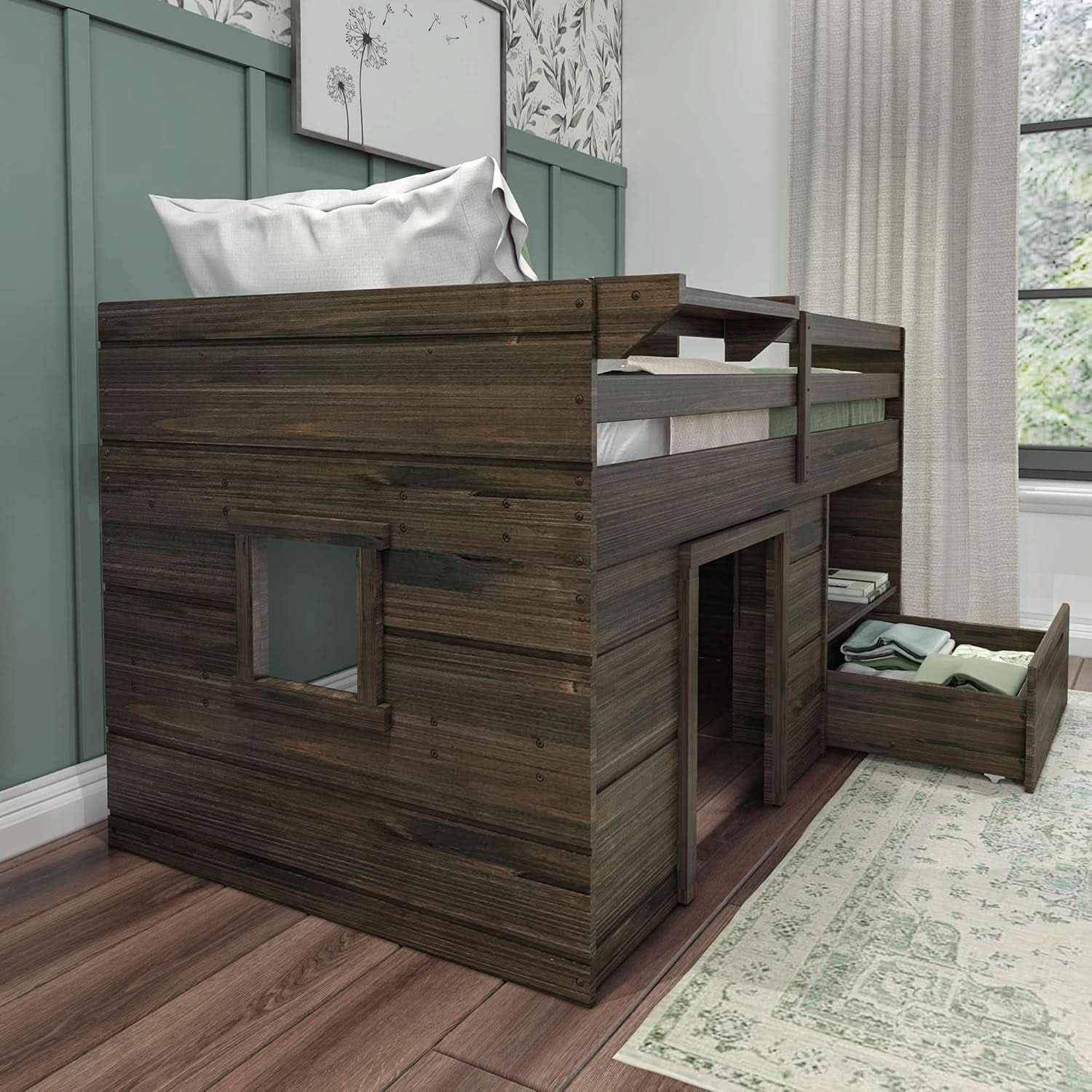 Twin Size Solid Wood Loft Bed With Storage Drawer And Ladder Barnwood Brown