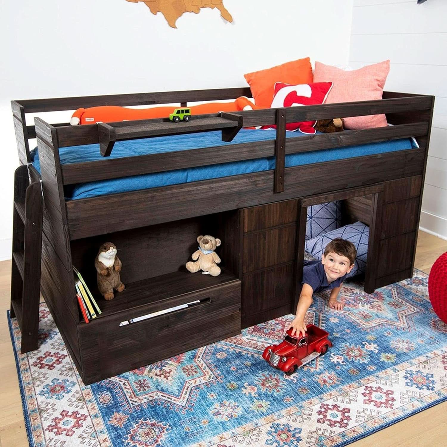Twin Size Solid Wood Loft Bed With Storage Drawer And Ladder Barnwood Brown
