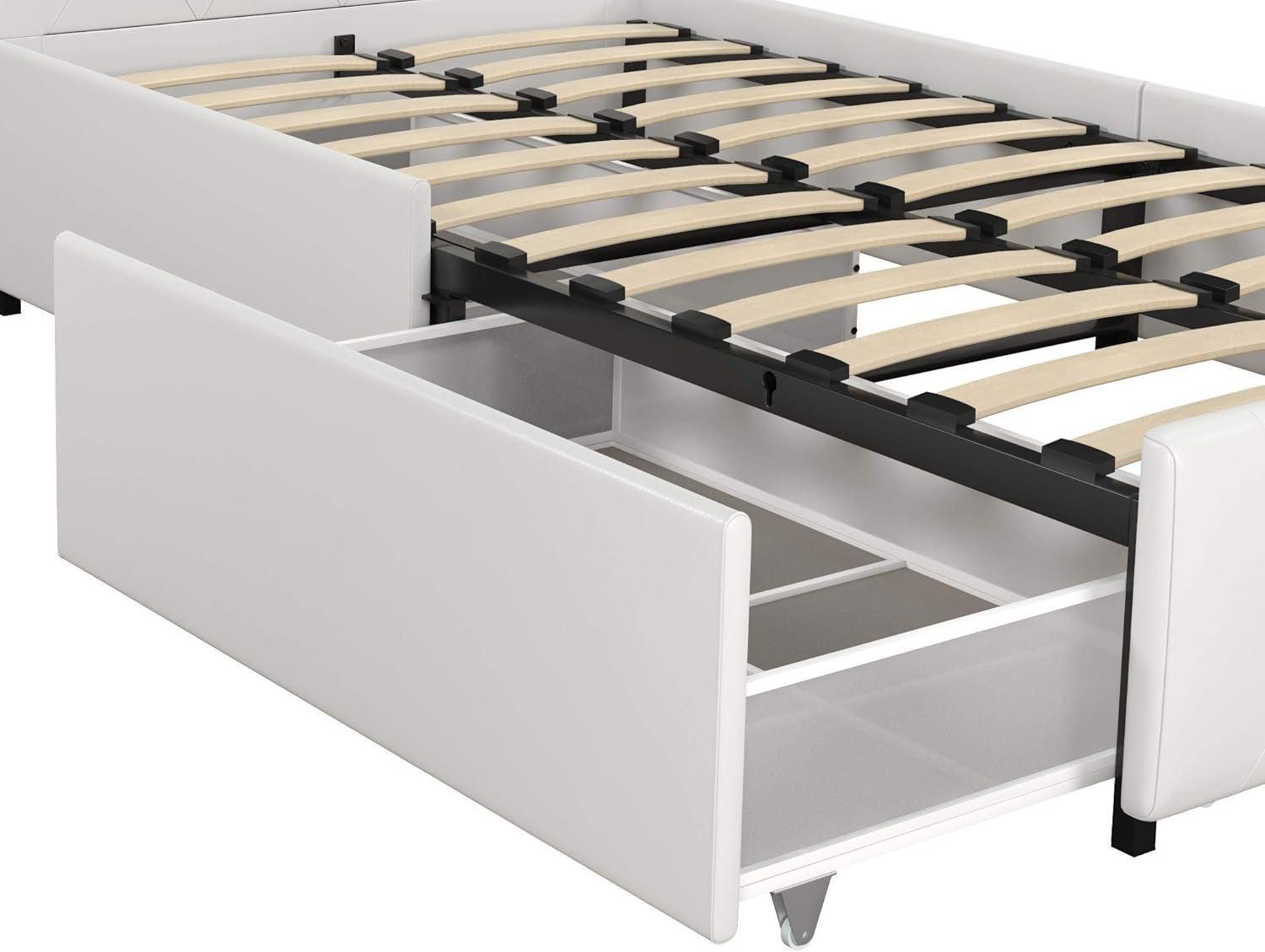 Twin Upholstered Platform Bed With Underbed Drawers White