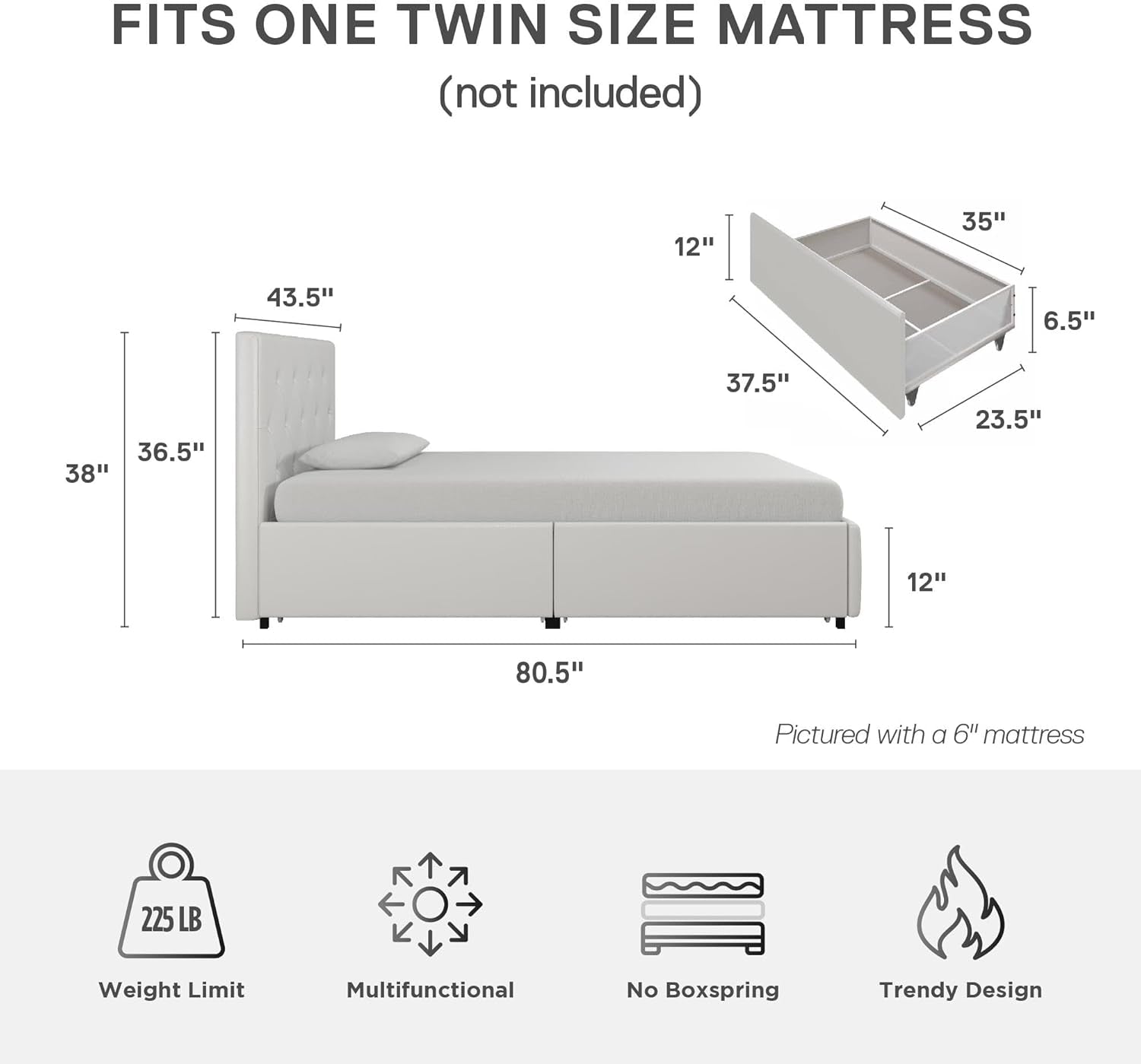 Twin Upholstered Platform Bed With Underbed Drawers White