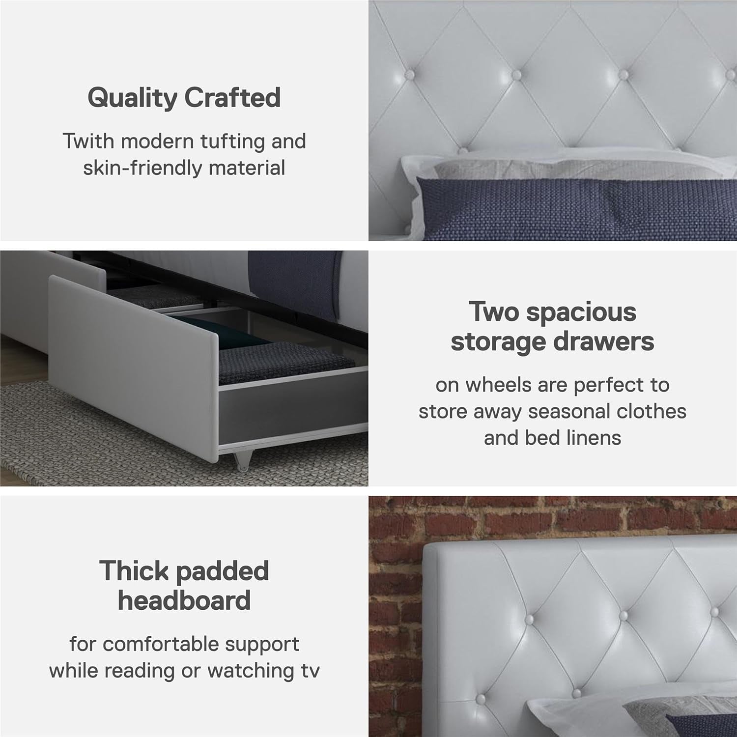 Twin Upholstered Platform Bed With Underbed Drawers White