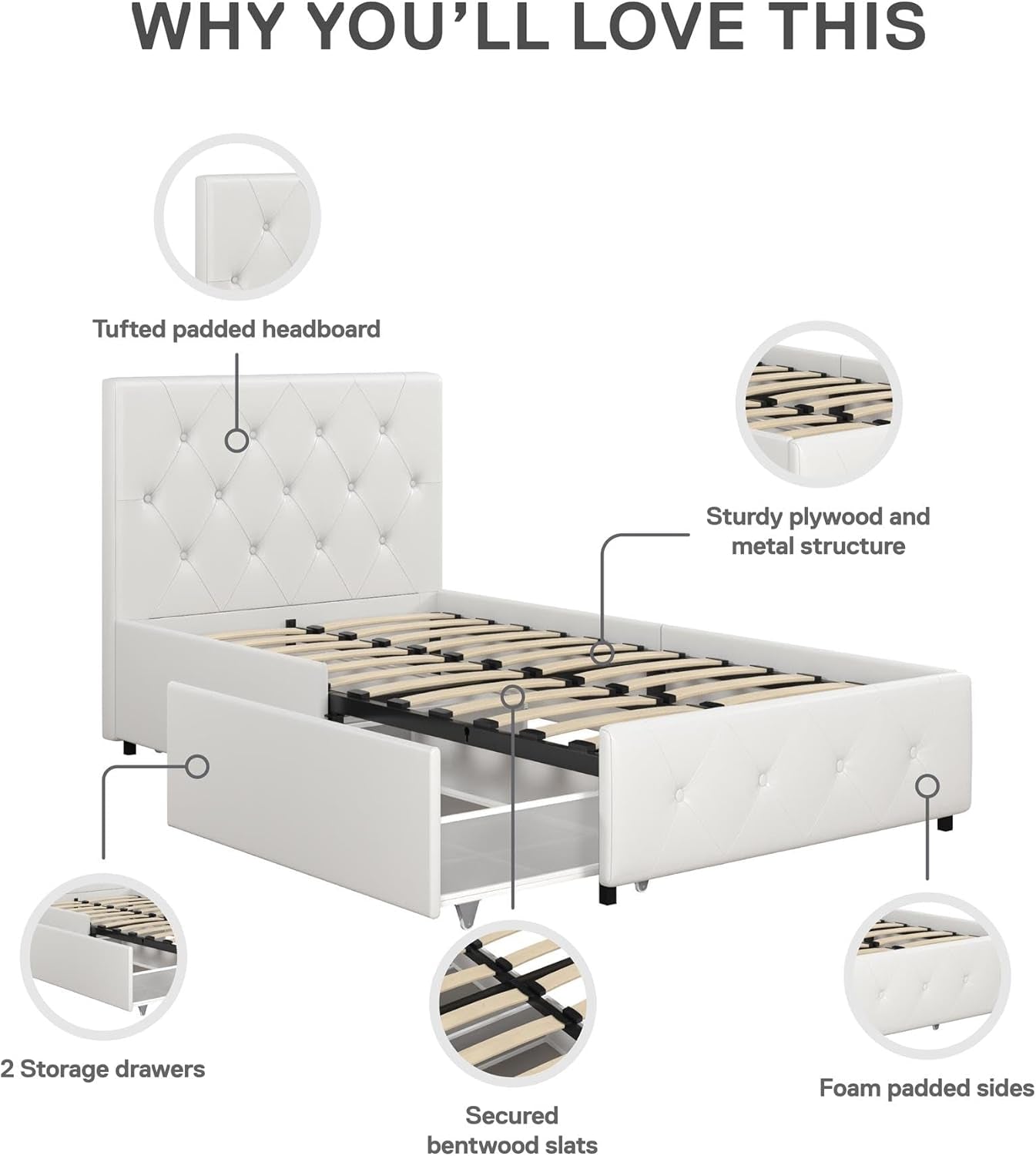 Twin Upholstered Platform Bed With Underbed Drawers White
