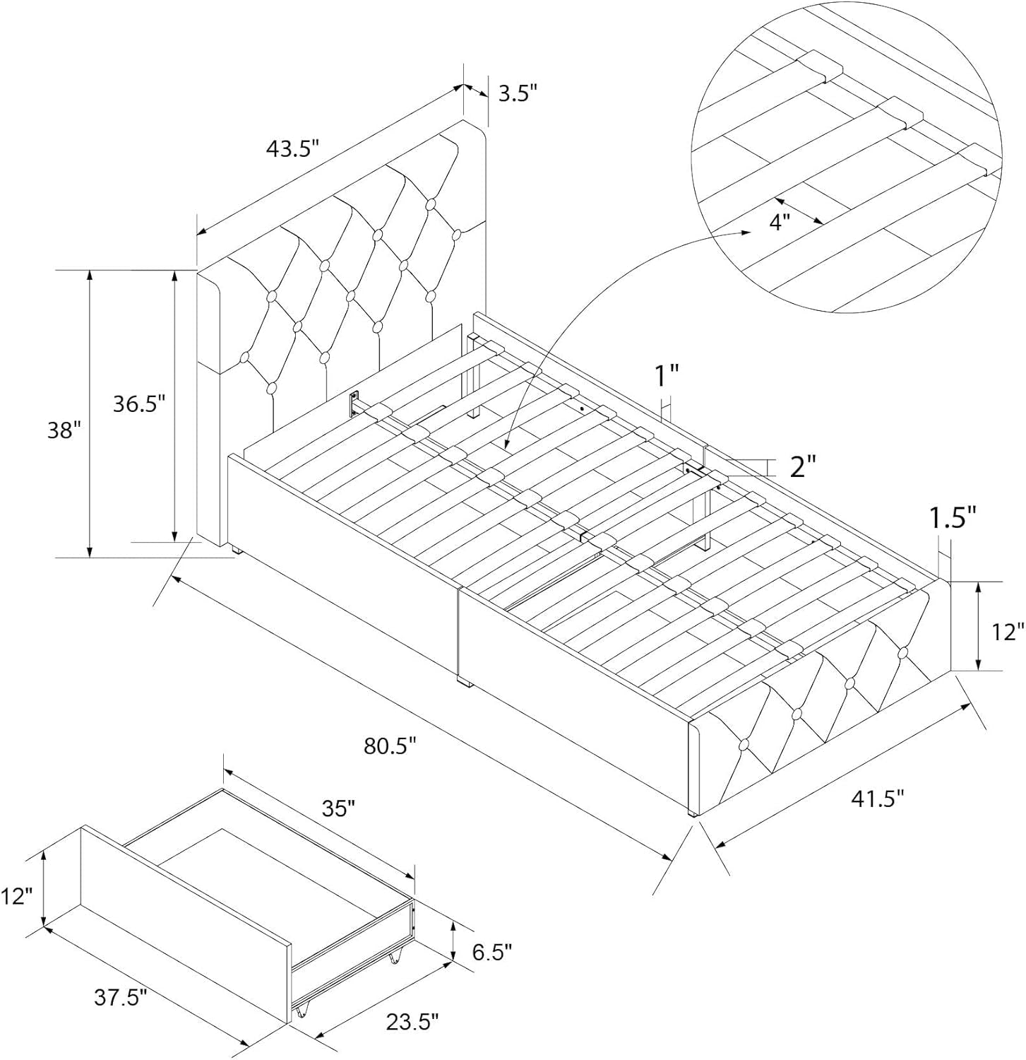 Twin Upholstered Platform Bed With Underbed Drawers White