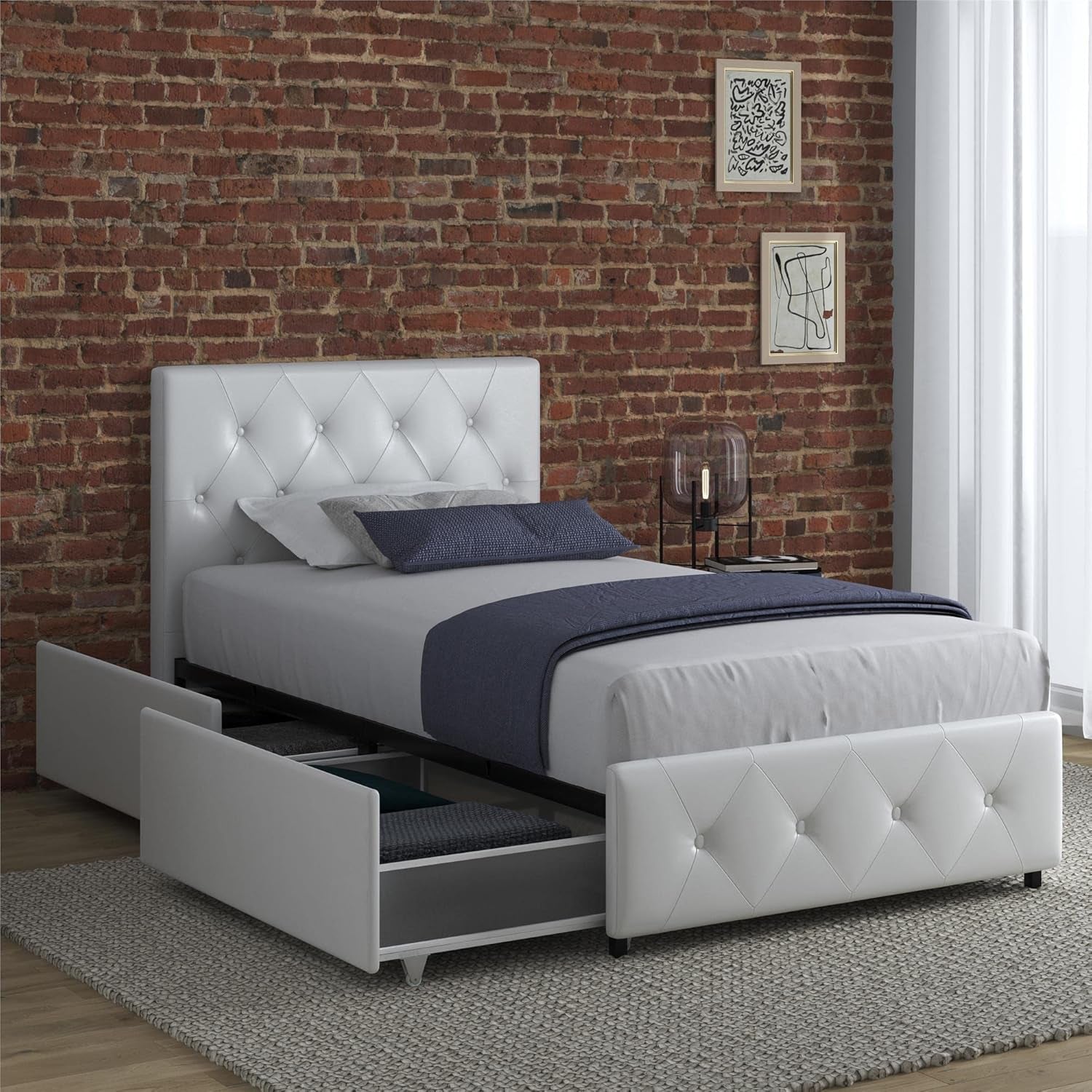 Twin Upholstered Platform Bed With Underbed Drawers White