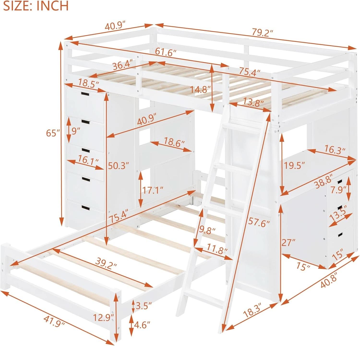 Twin Wood Bunk Bed With LED Light For Dorm Space Saving