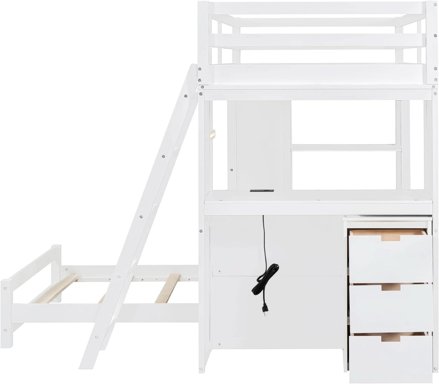 Twin Wood Bunk Bed With LED Light For Dorm Space Saving