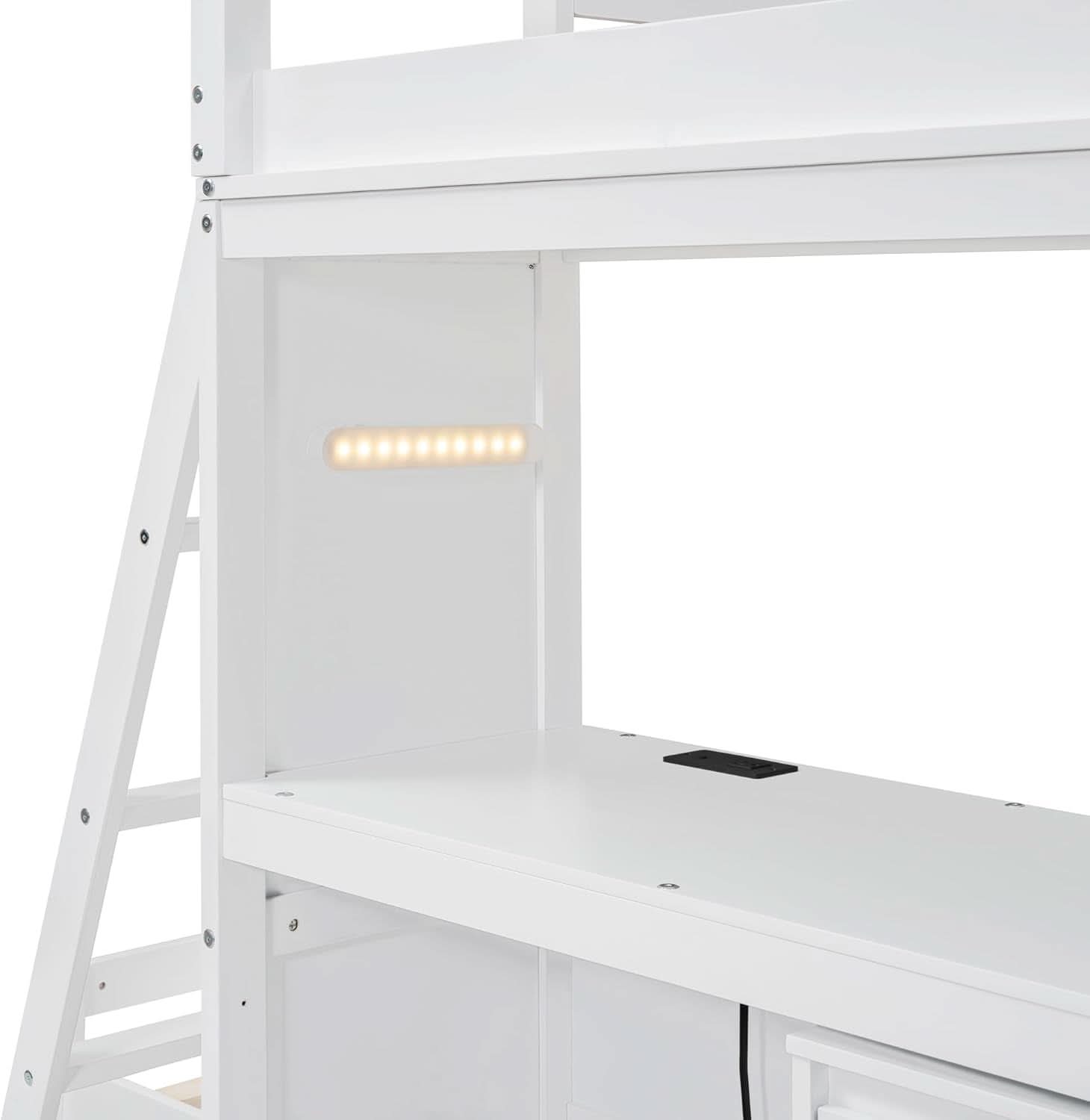 Twin Wood Bunk Bed With LED Light For Dorm Space Saving
