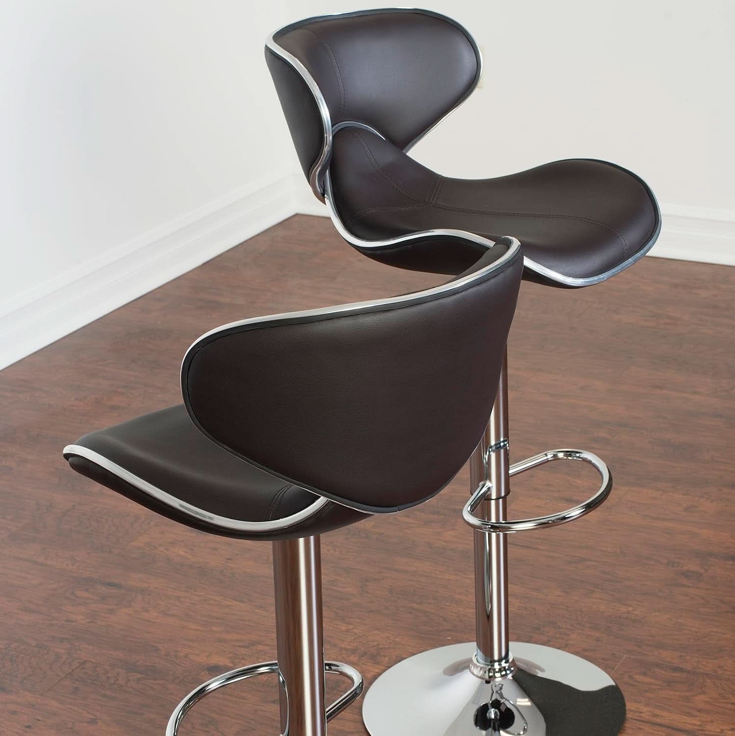 Two Brown Airlift Swivel Barstools With Chrome Base Adjustable Height 360 Degree Rotation