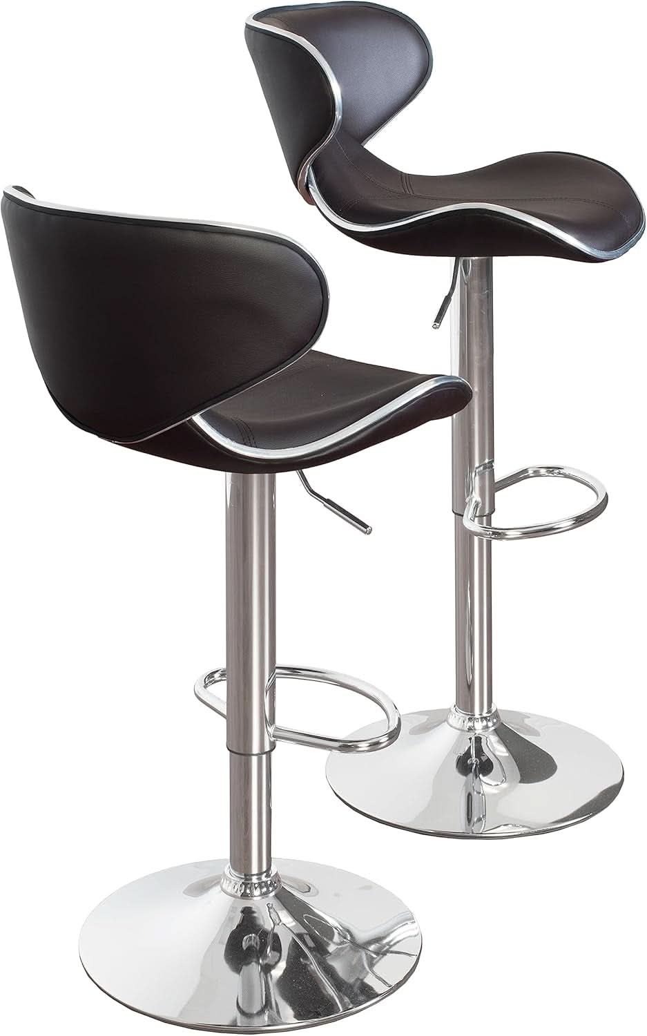 Two Brown Airlift Swivel Barstools With Chrome Base Adjustable Height 360 Degree Rotation