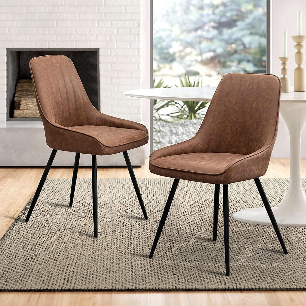 Two Brown Faux Leather Mid Century Modern Dining Chairs