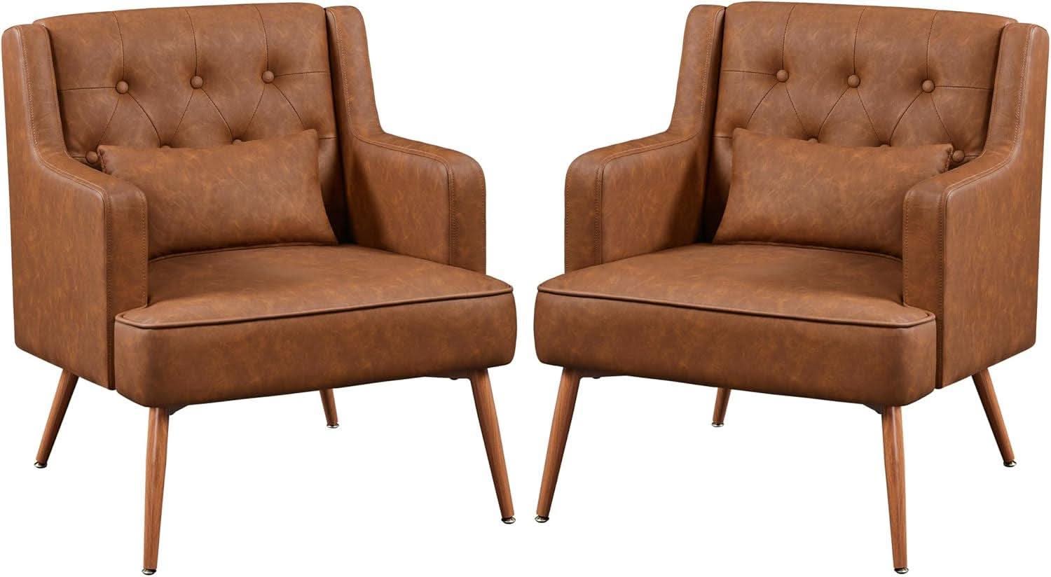 Two Brown Leatherette Mid Century Accent Chairs Set