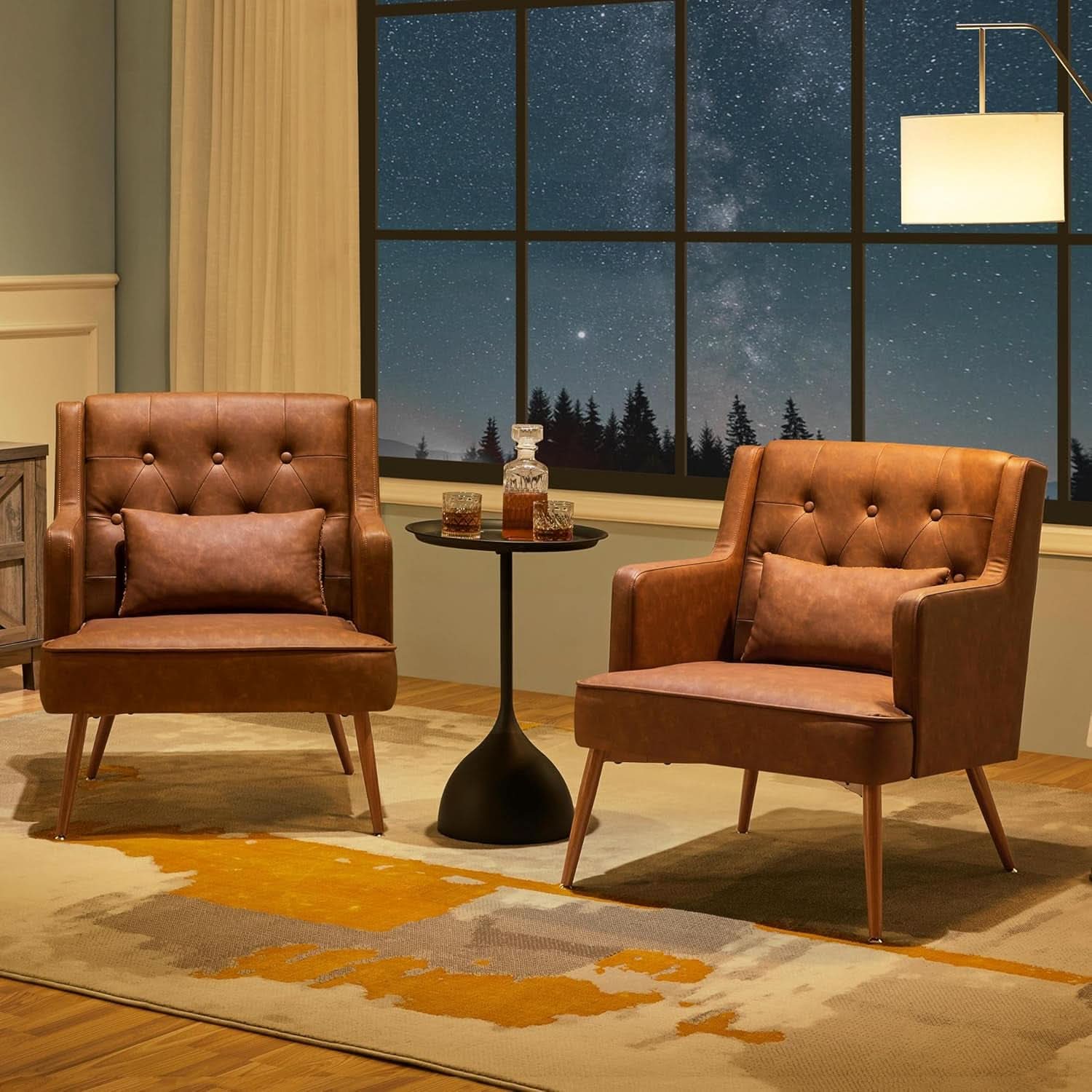 Two Brown Leatherette Mid Century Accent Chairs Set