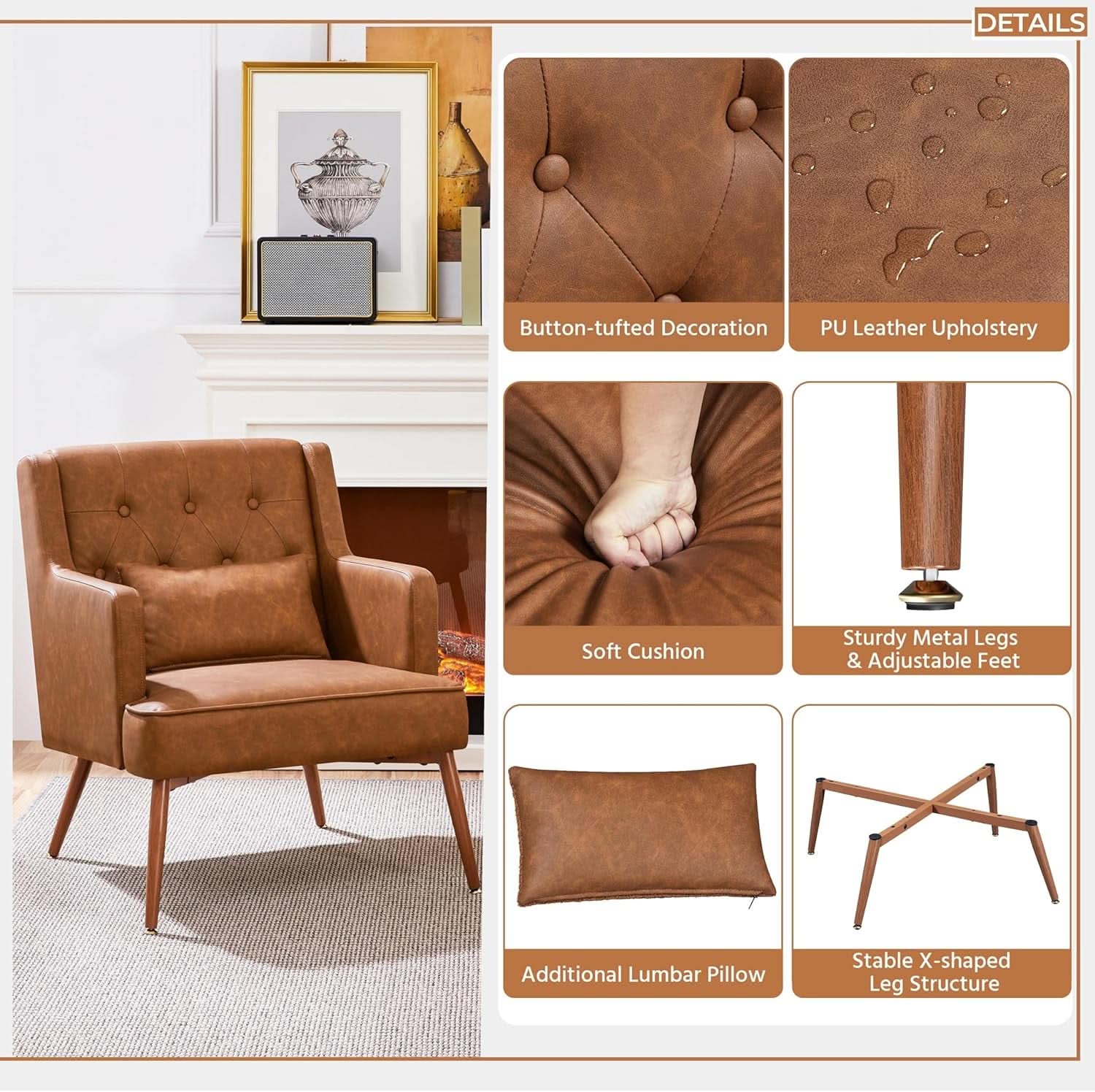 Two Brown Leatherette Mid Century Accent Chairs Set