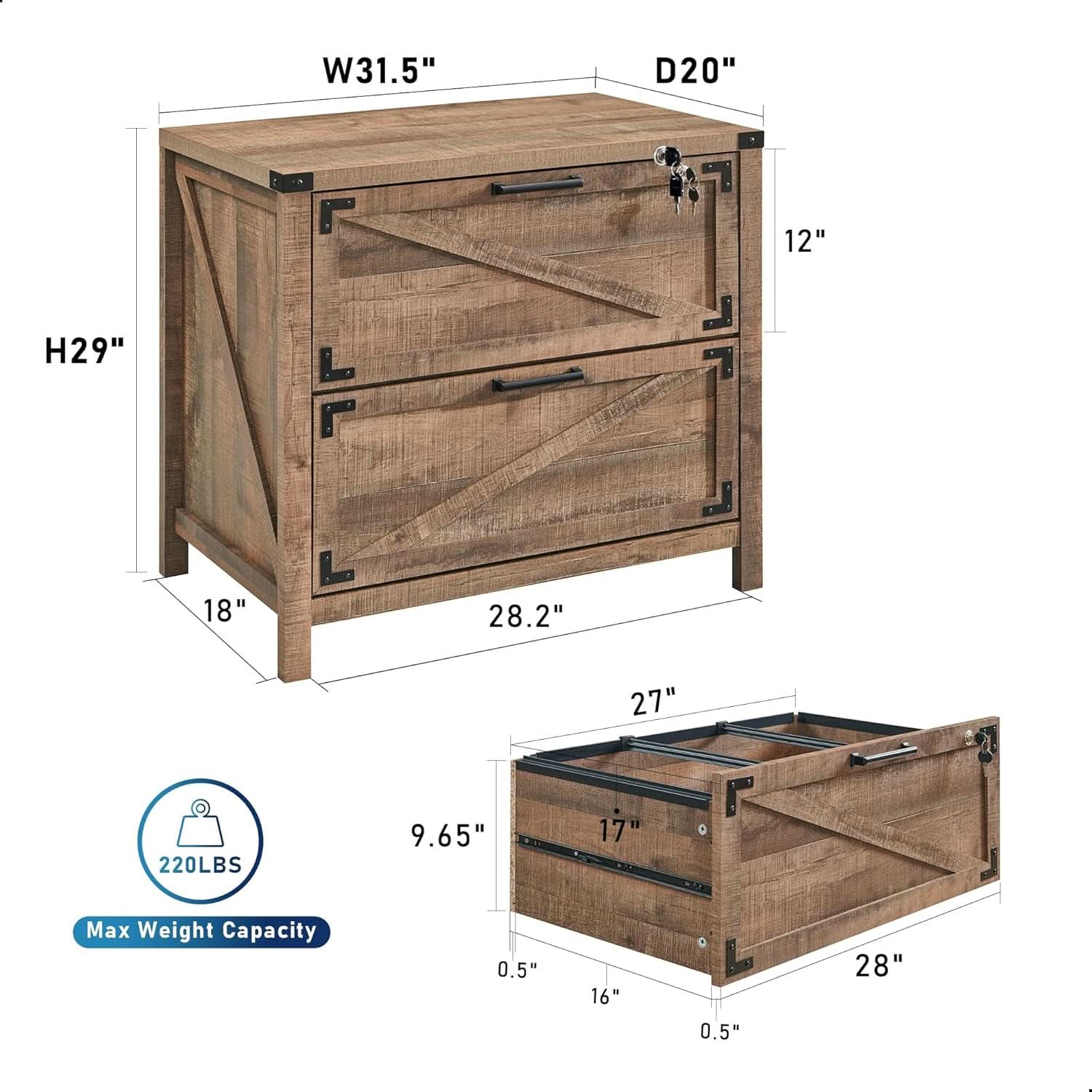 Two Drawer Farmhouse Filing Cabinet For Home Office Durable Engineered Wood Storage